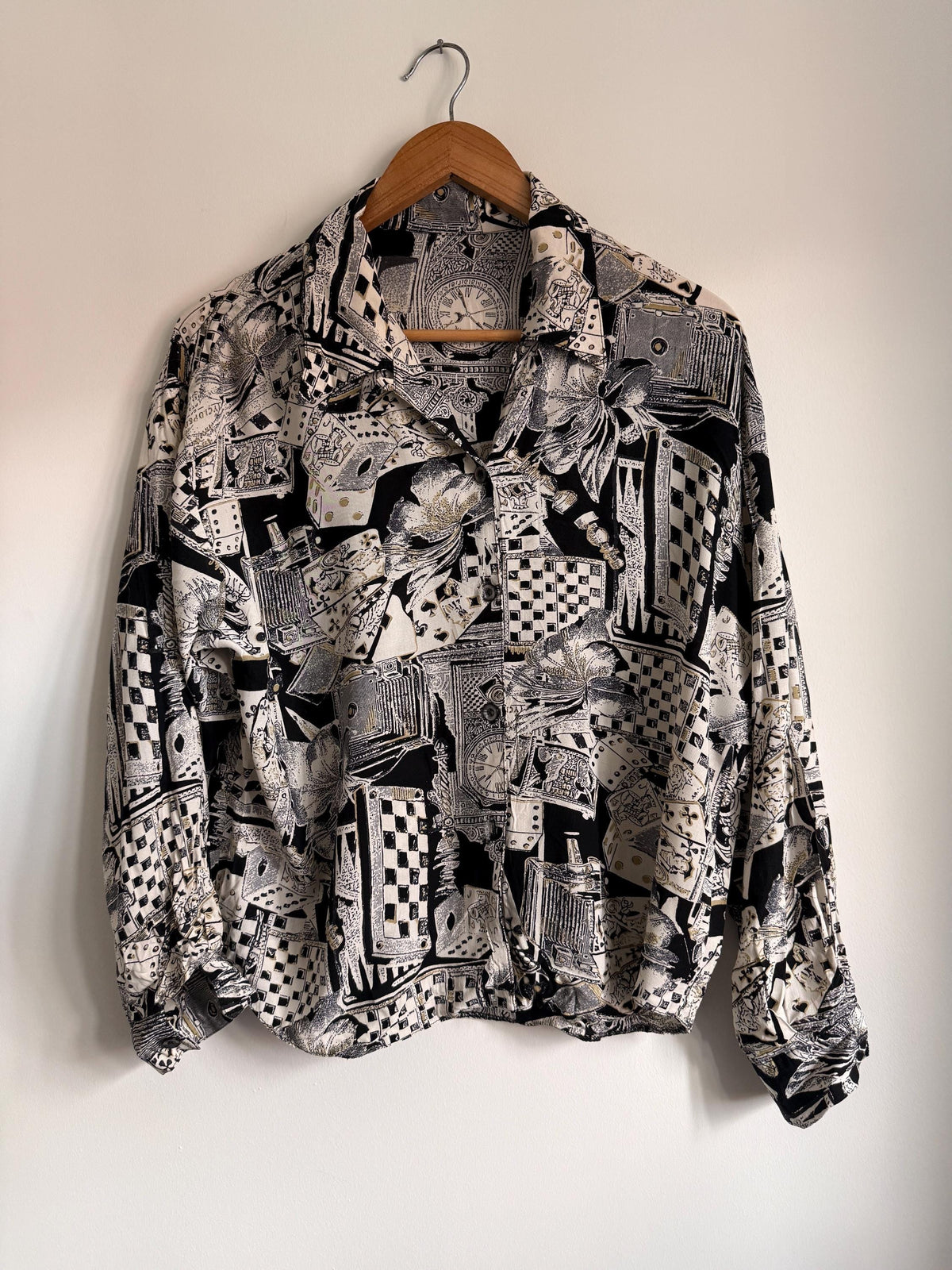 Vintage Novelty Print Blouse | 90s Playing Cards Chess Print Shirt | Black & White Oversized Button Up | Alice in Wonderland Aesthetic Top