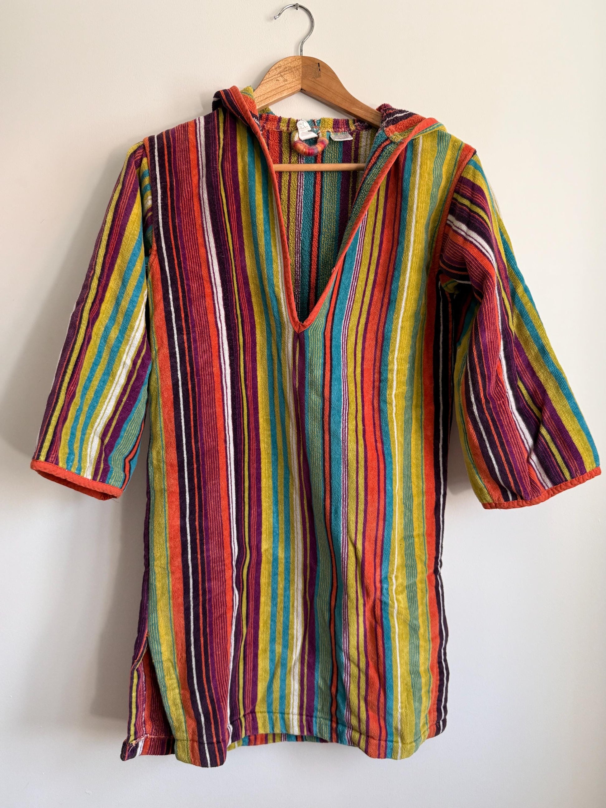 Vintage Rainbow Stripe Hooded Festival Top | Boho Hippie Cotton Hoodie | Nepal Festival Top | Ethnic Stripe Tunic | Festival Clothing