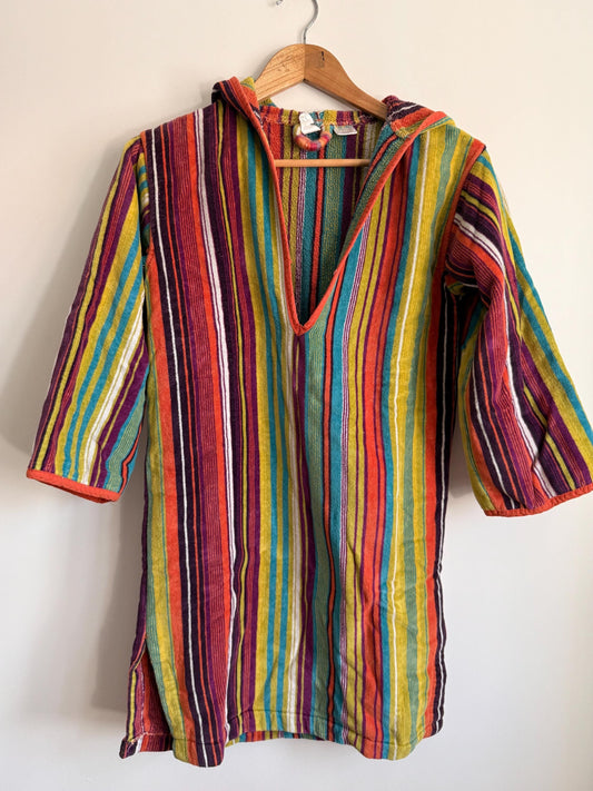Vintage Rainbow Stripe Towelling Hooded Festival Top | Boho Hippie Cotton Hoodie | Nepal Festival Top | Ethnic Stripe Tunic | Festival Clothing