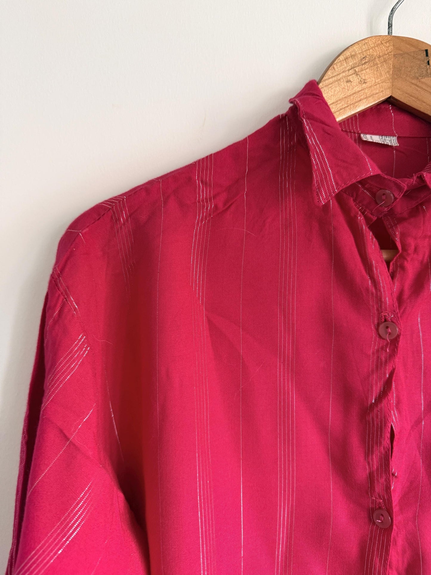 Vintage Raspberry Pink Metallic Stripe Blouse | 80s Shimmer Button-Up Shirt | Retro Short Sleeve Blouse
