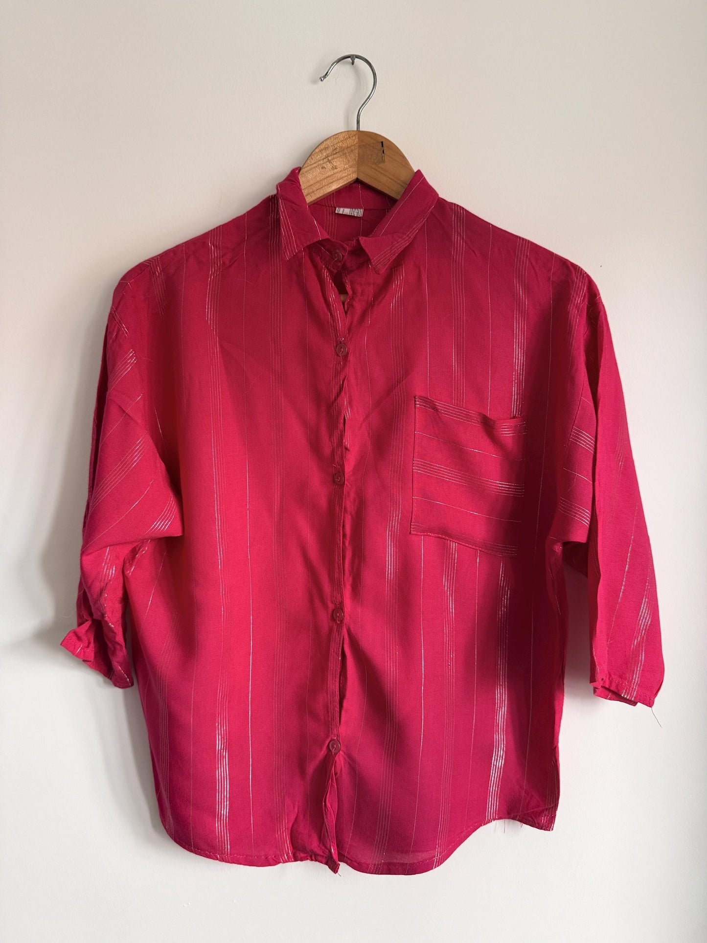 Vintage Raspberry Pink Metallic Stripe Blouse | 80s Shimmer Button-Up Shirt | Retro Short Sleeve Blouse