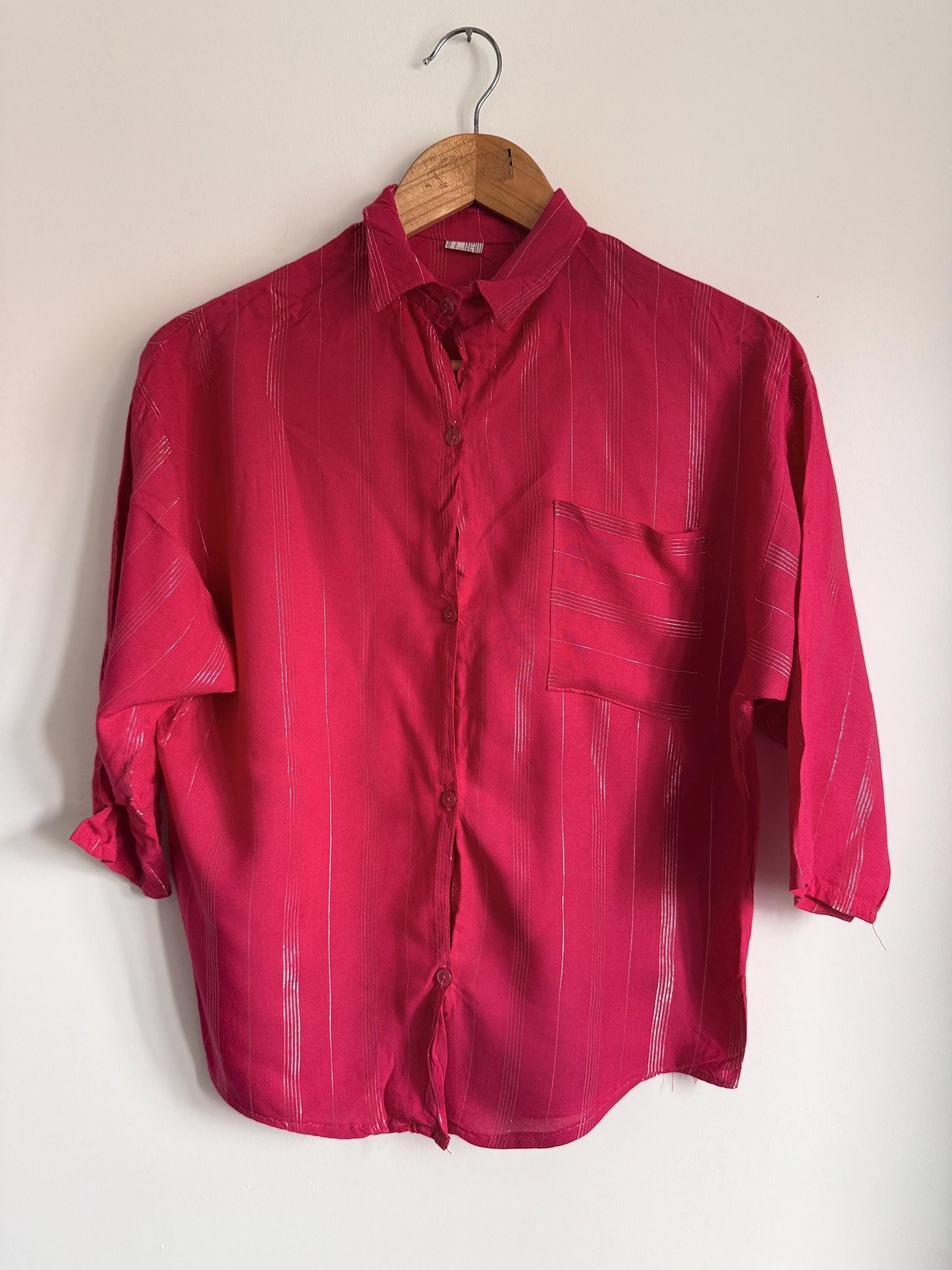 Vintage Raspberry Pink Metallic Stripe Blouse | 80s Shimmer Button-Up Shirt | Retro Short Sleeve Blouse