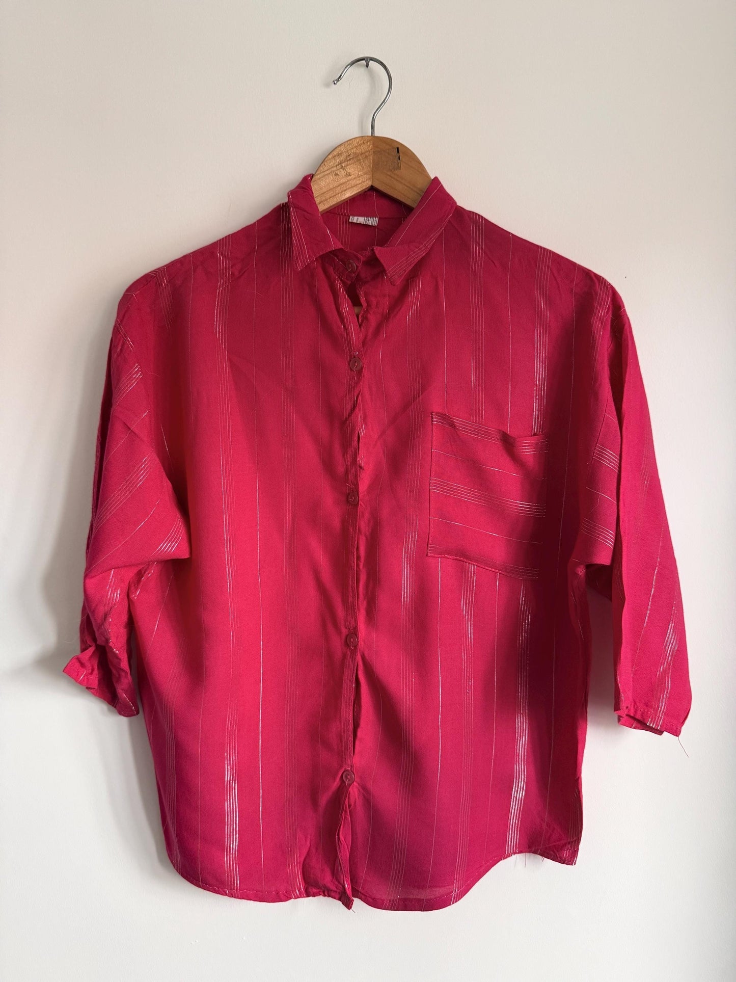 Vintage Raspberry Pink Metallic Stripe Blouse | 80s Shimmer Button-Up Shirt | Retro Short Sleeve Blouse