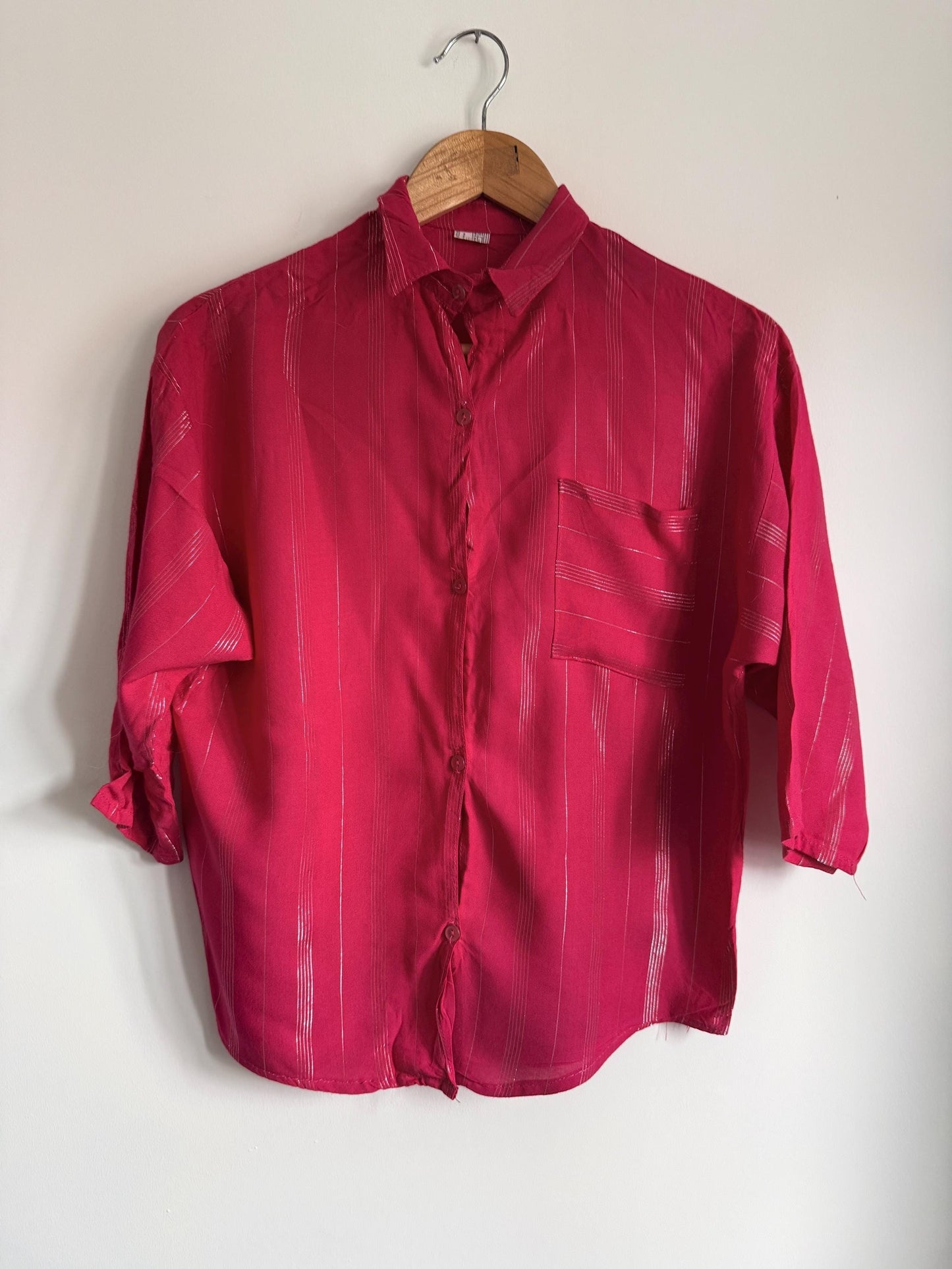 Vintage Raspberry Pink Metallic Stripe Blouse | 80s Shimmer Button-Up Shirt | Retro Short Sleeve Blouse