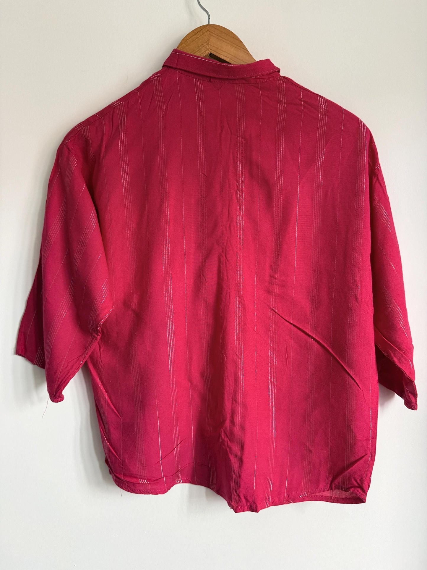 Vintage Raspberry Pink Metallic Stripe Blouse | 80s Shimmer Button-Up Shirt | Retro Short Sleeve Blouse