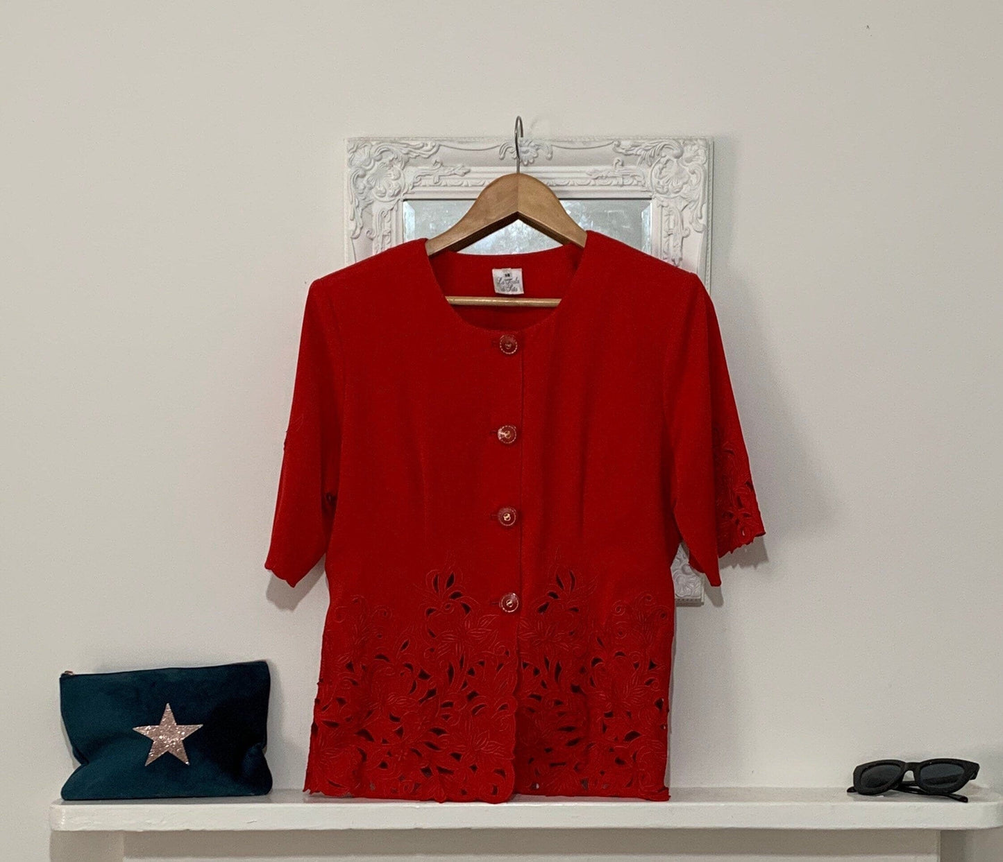 Vintage red Blouse - 1980s short Sleeve Size 14 cutout pattern to hem with shoulder pads