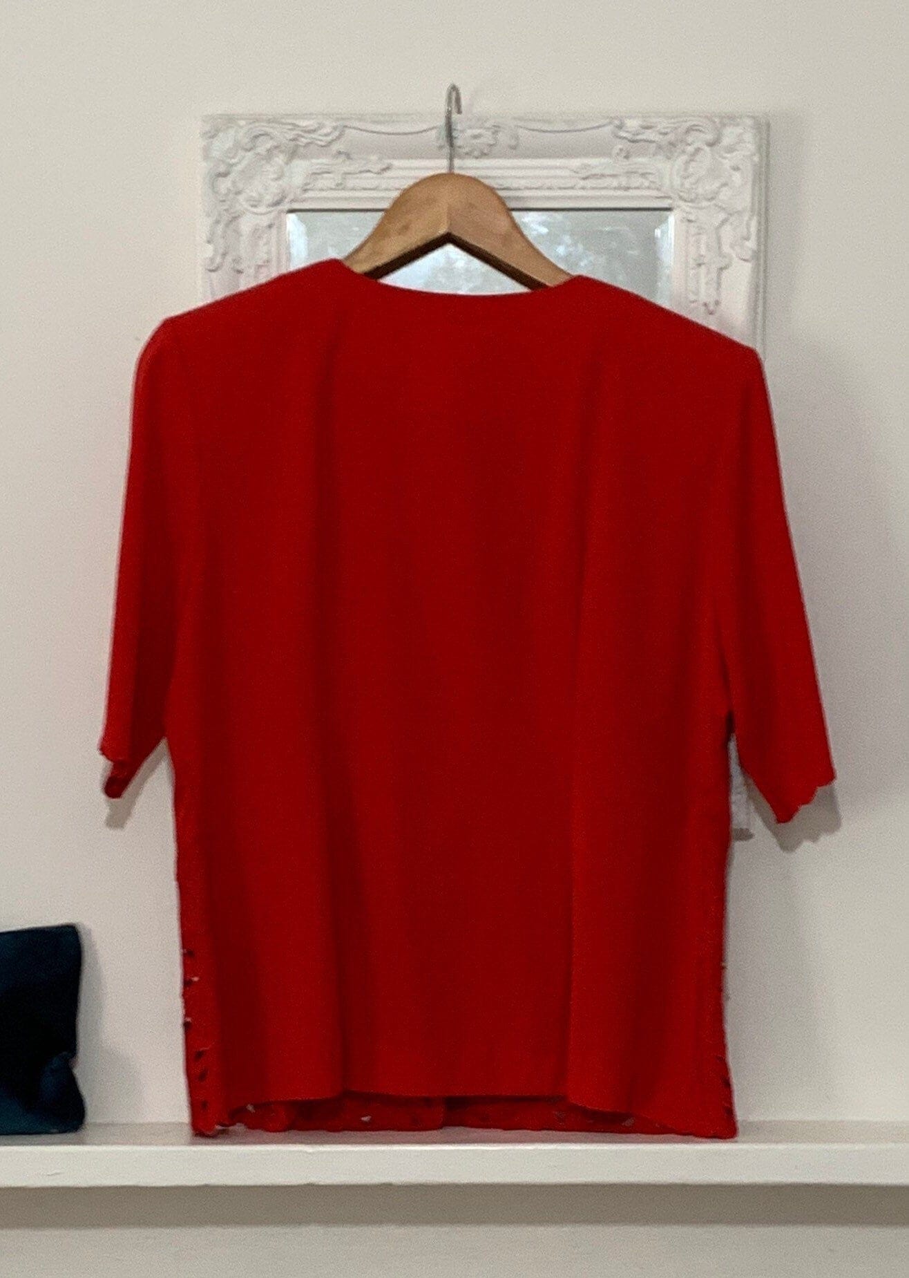 Vintage red Blouse - 1980s short Sleeve Size 14 cutout pattern to hem with shoulder pads