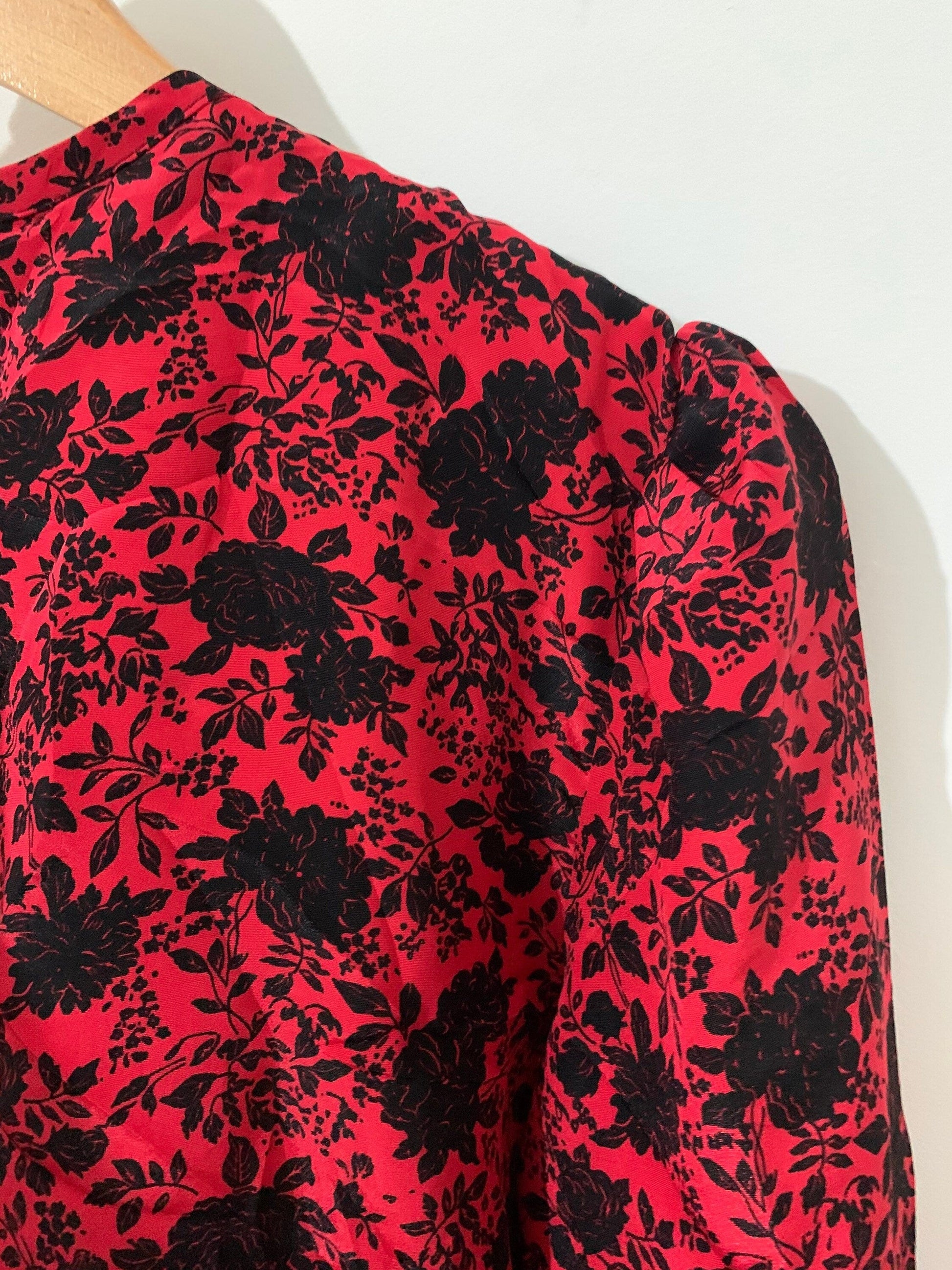Vintage 1980s red and black dress vintage - Day Dress floral pattern dress Rare Plus Size eu 42 size 16 red voluptuous vintage