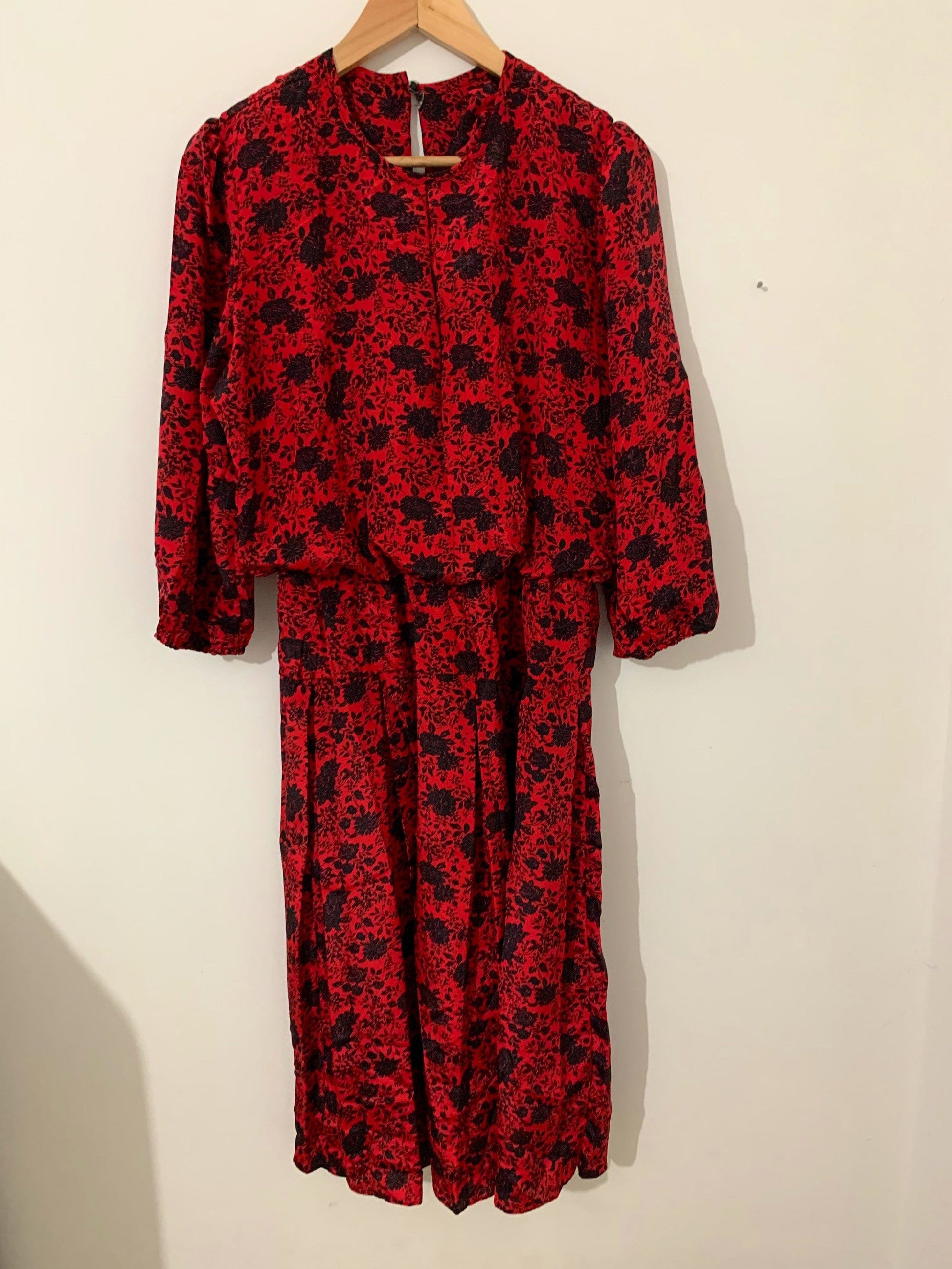 Vintage 1980s red and black dress vintage - Day Dress floral pattern dress Rare Plus Size eu 42 size 16 red voluptuous vintage