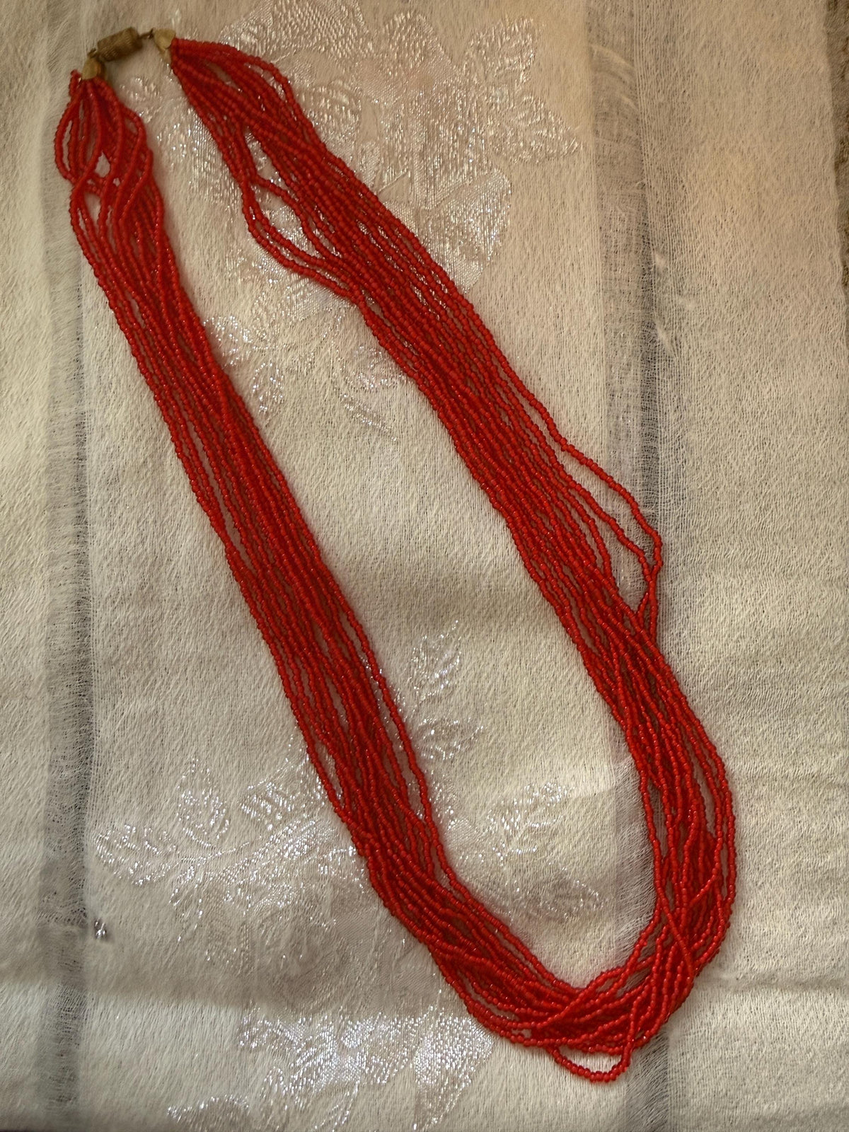 Vintage Red Glass Seed Bead Necklace, Multi Strand Necklace, Mid Century Jewellery, Long Red Beaded Necklace