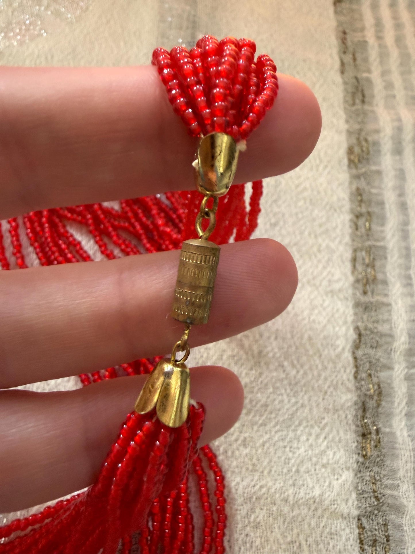 Vintage Red Glass Seed Bead Necklace, Multi Strand Necklace, Mid Century Jewellery, Long Red Beaded Necklace