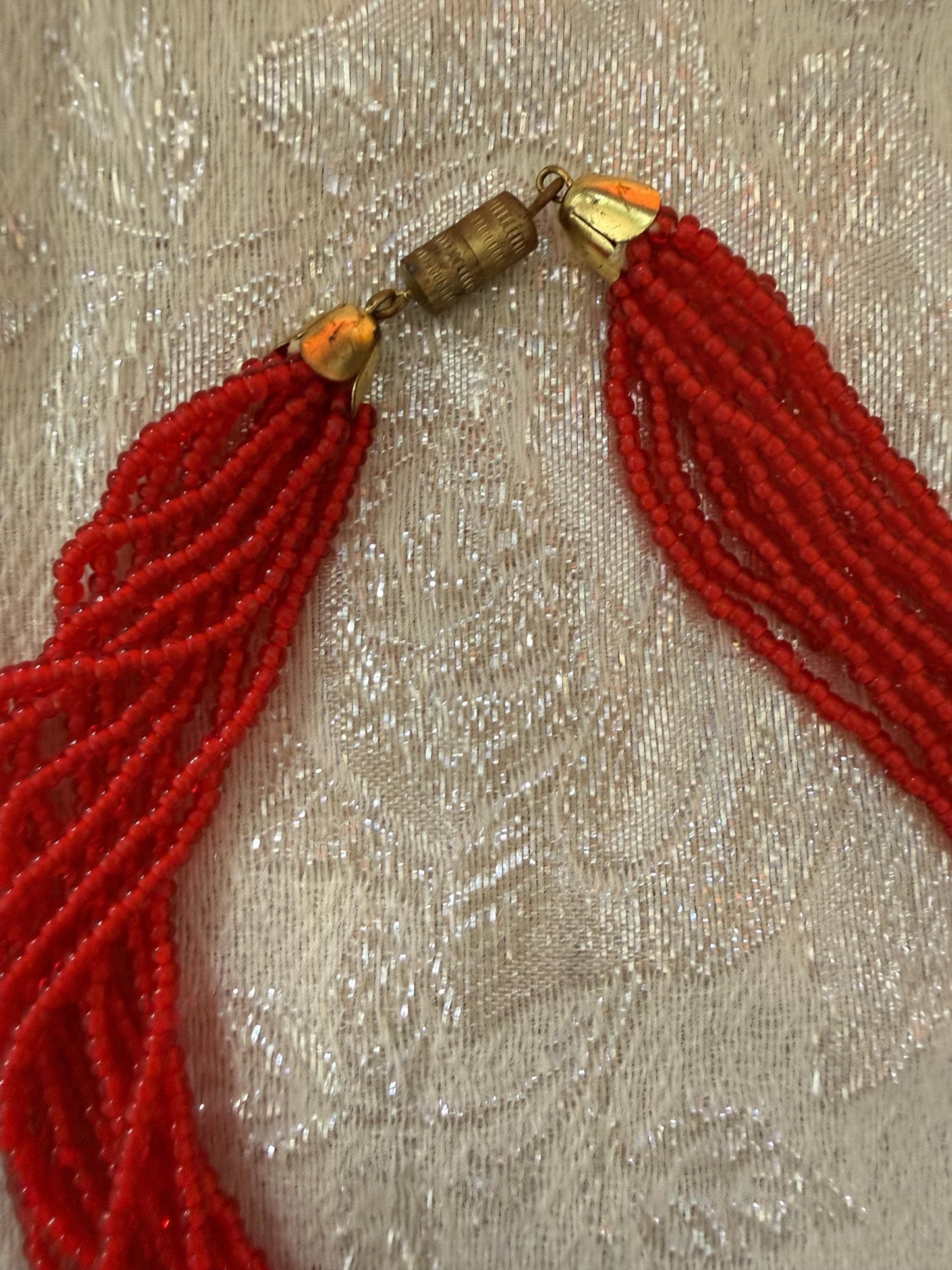 Vintage Red Glass Seed Bead Necklace, Multi Strand Necklace, Mid Century Jewellery, Long Red Beaded Necklace