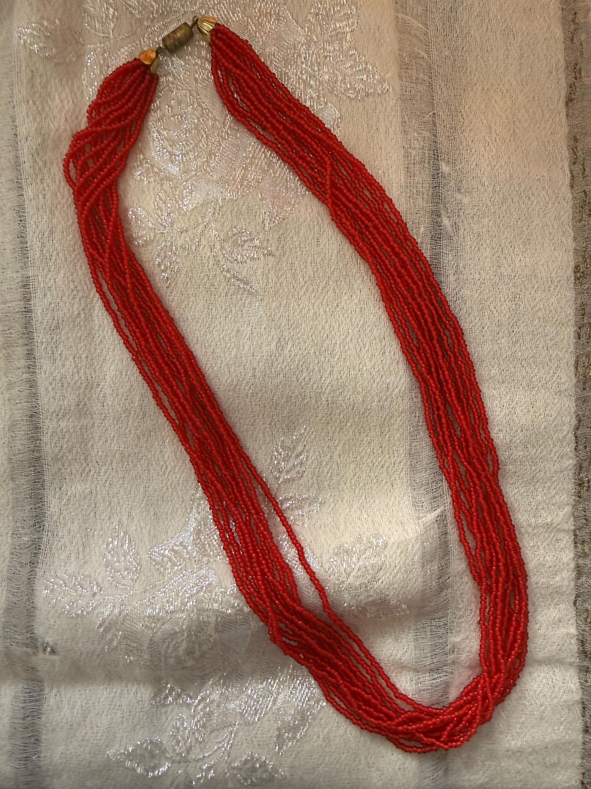 Vintage Red Glass Seed Bead Necklace, Multi Strand Necklace, Mid Century Jewellery, Long Red Beaded Necklace
