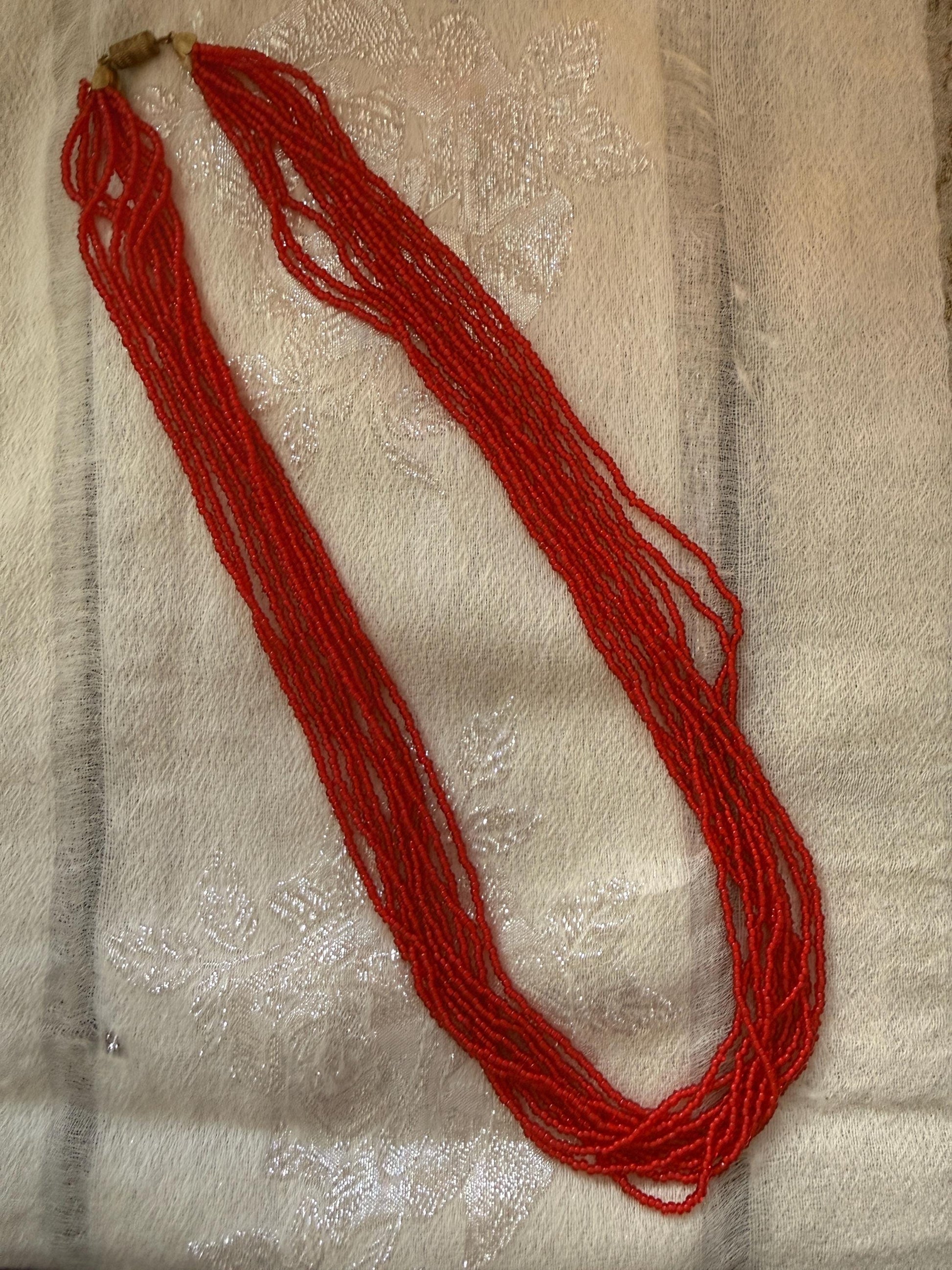 Vintage Red Glass Seed Bead Necklace, Multi Strand Necklace, Mid Century Jewellery, Long Red Beaded Necklace
