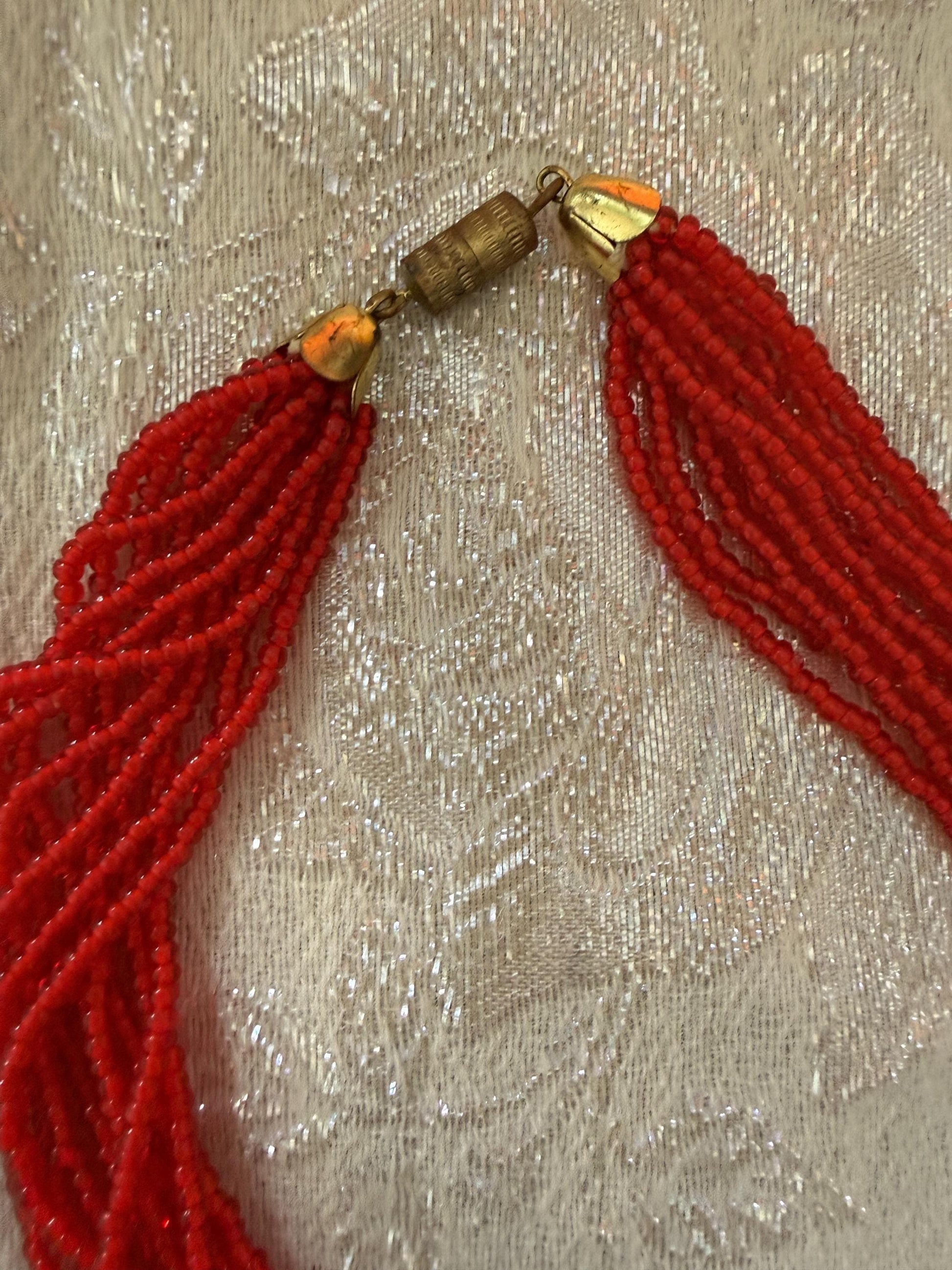 Vintage Red Glass Seed Bead Necklace, Multi Strand Necklace, Mid Century Jewellery, Long Red Beaded Necklace