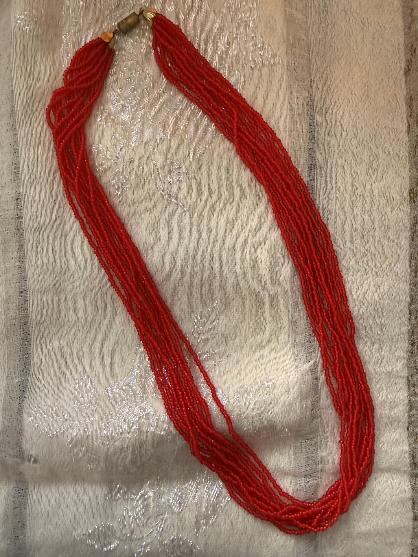 Vintage Red Glass Seed Bead Necklace, Multi Strand Necklace, Mid Century Jewellery, Long Red Beaded Necklace