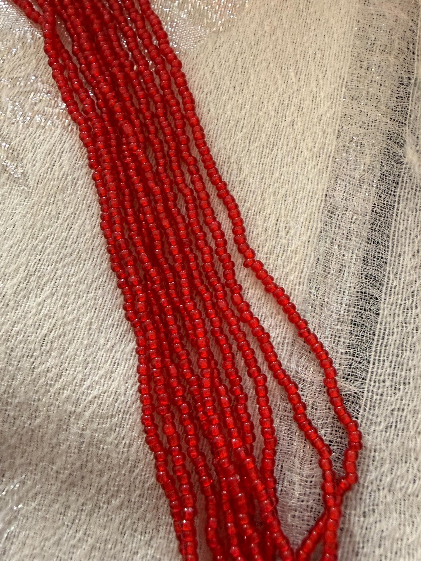 Vintage Red Glass Seed Bead Necklace, Multi Strand Necklace, Mid Century Jewellery, Long Red Beaded Necklace