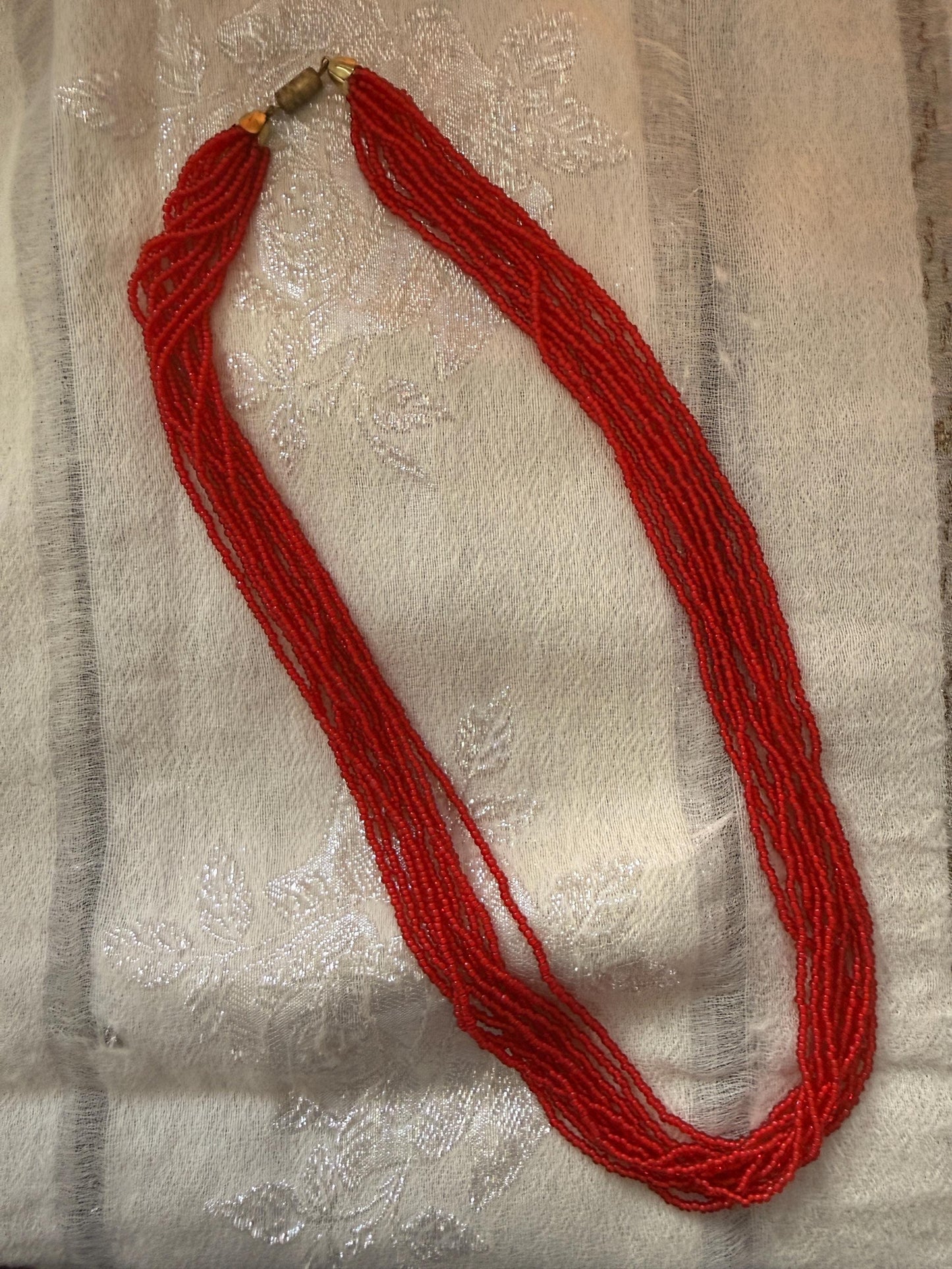 Vintage Red Glass Seed Bead Necklace, Multi Strand Necklace, Mid Century Jewellery, Long Red Beaded Necklace