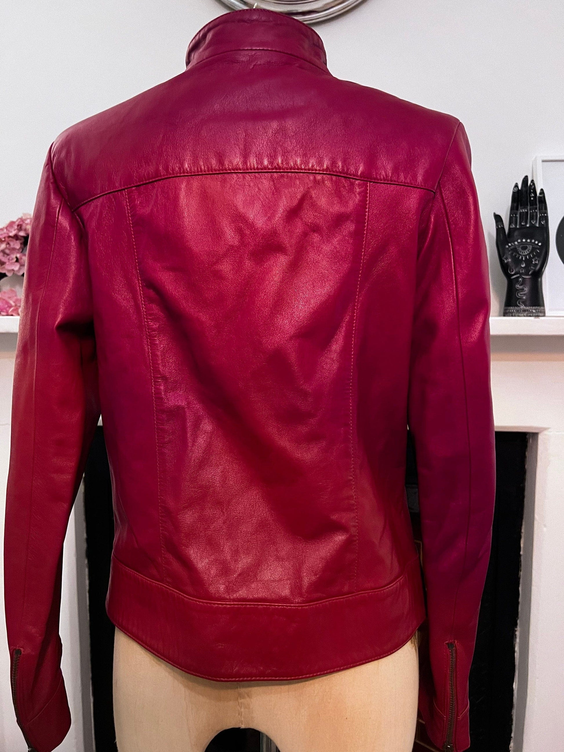 Vintage Red Leather Biker Jacket 1990s St Michael Marks and Spencer - Deep Red shiny leather Biker Jacket