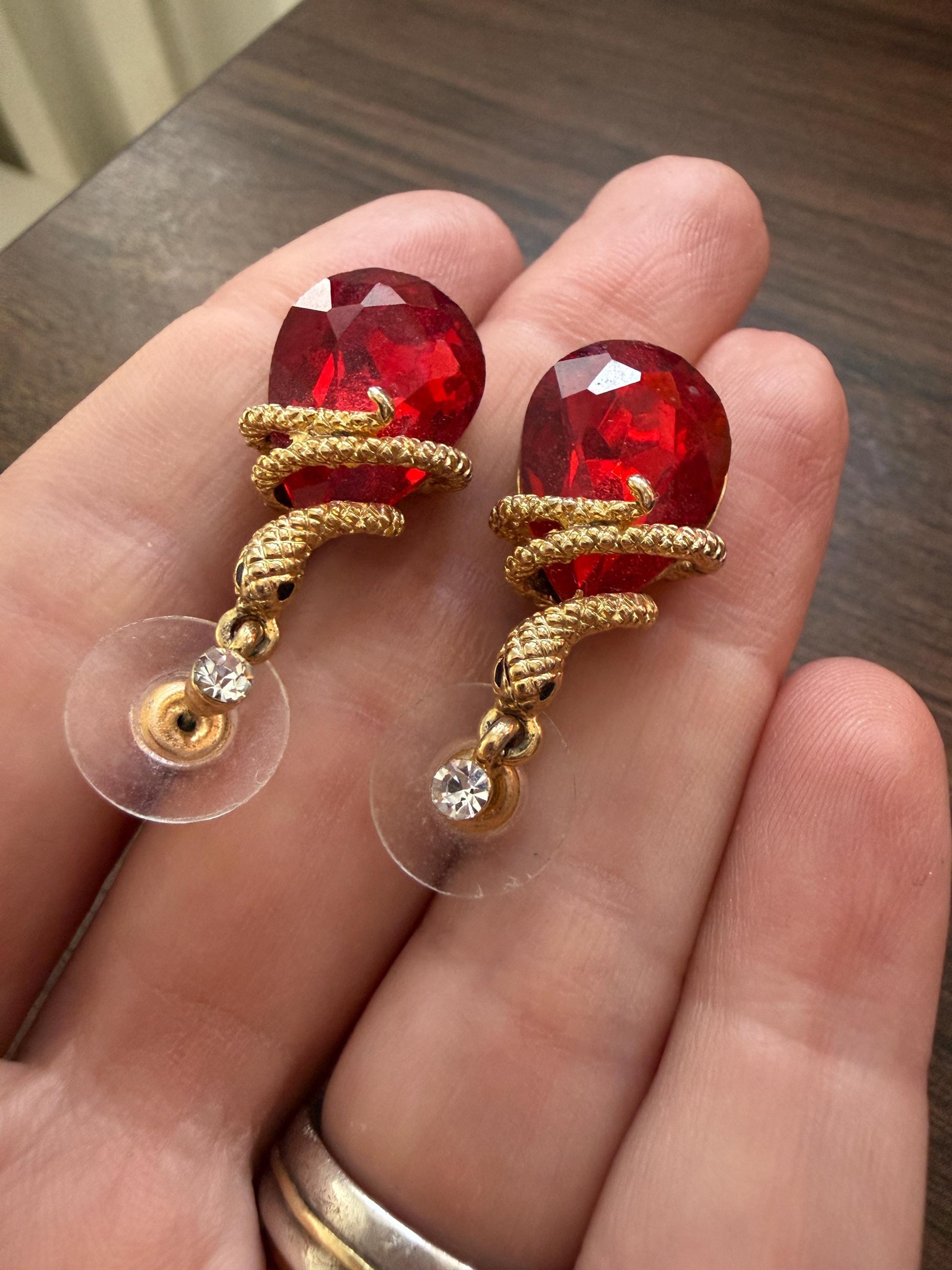 Vintage Red Rhinestone Snake Earrings, Gold Tone Serpent Drop Earrings, Statement Costume Jewellery, Pierced Earrings