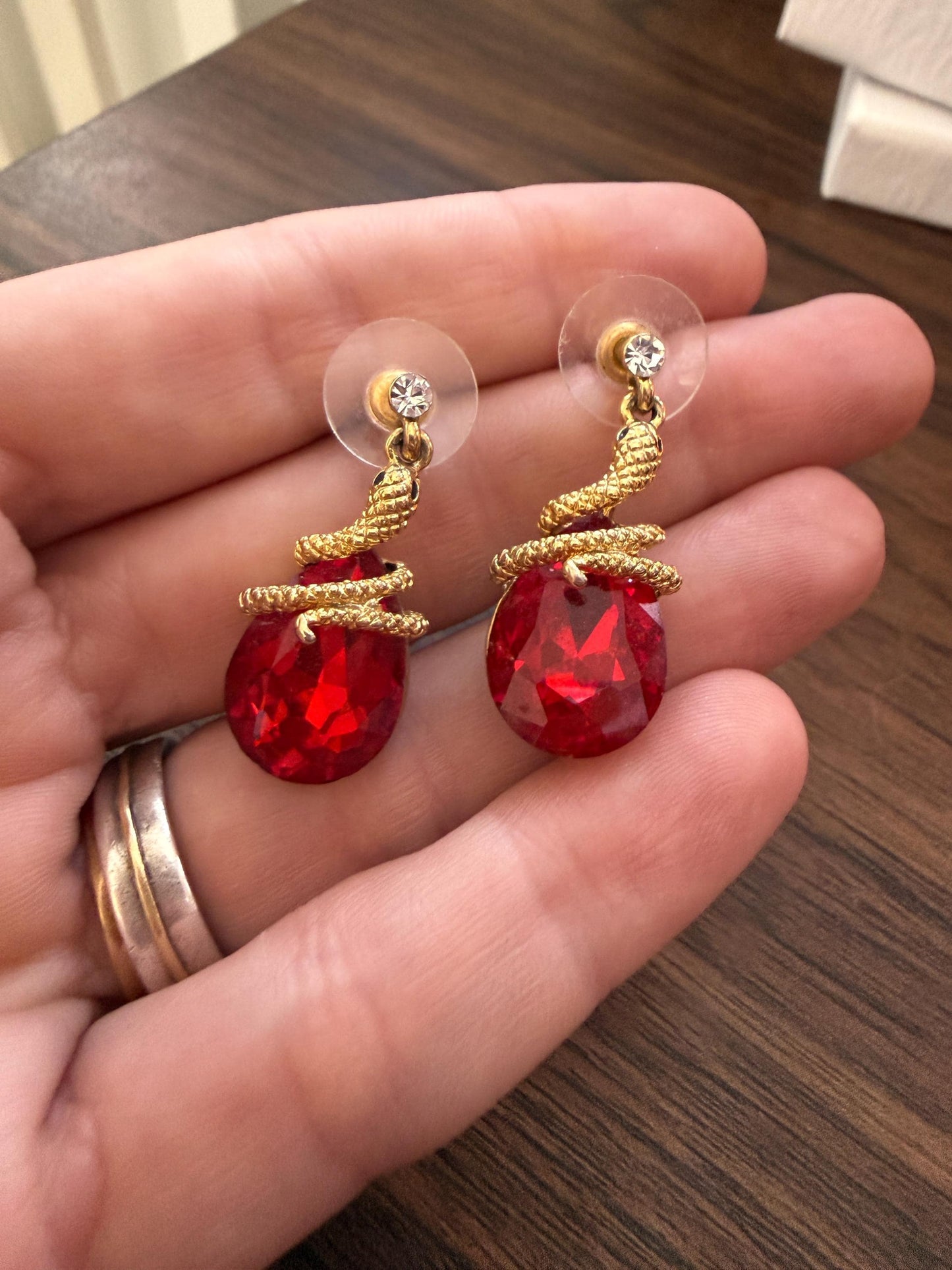Vintage Red Rhinestone Snake Earrings, Gold Tone Serpent Drop Earrings, Statement Costume Jewellery, Pierced Earrings