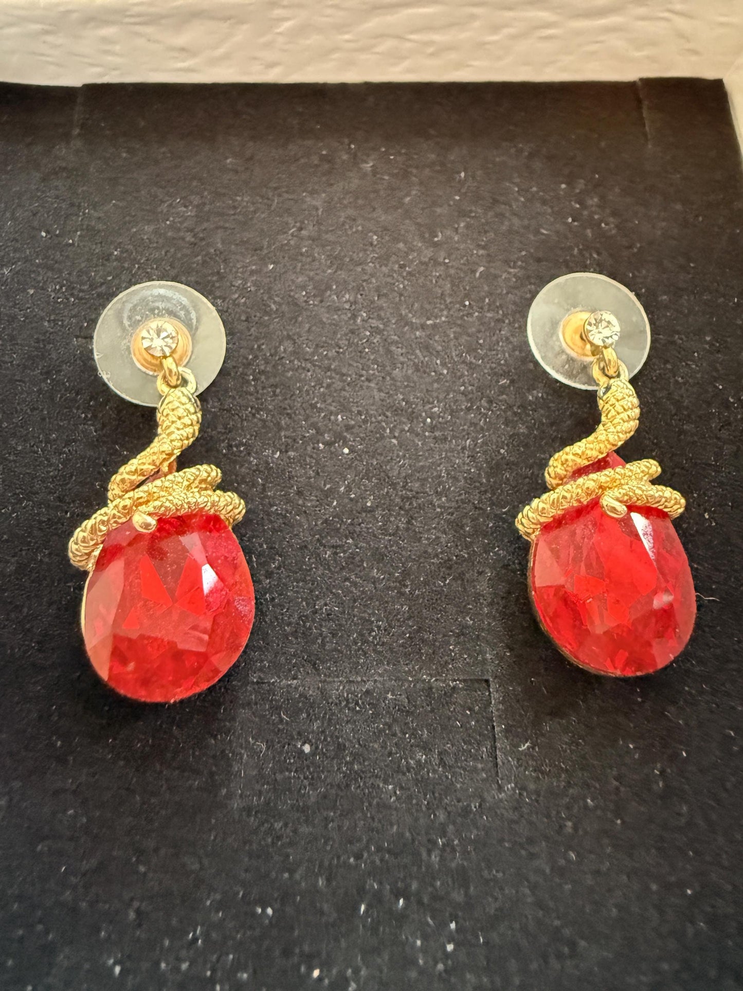 Vintage Red Rhinestone Snake Earrings, Gold Tone Serpent Drop Earrings, Statement Costume Jewellery, Pierced Earrings