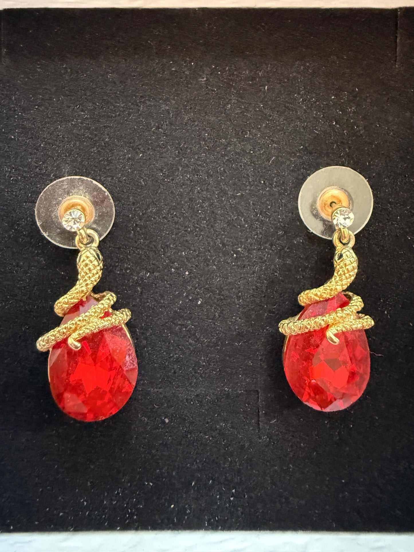 Vintage Red Rhinestone Snake Earrings, Gold Tone Serpent Drop Earrings, Statement Costume Jewellery, Pierced Earrings