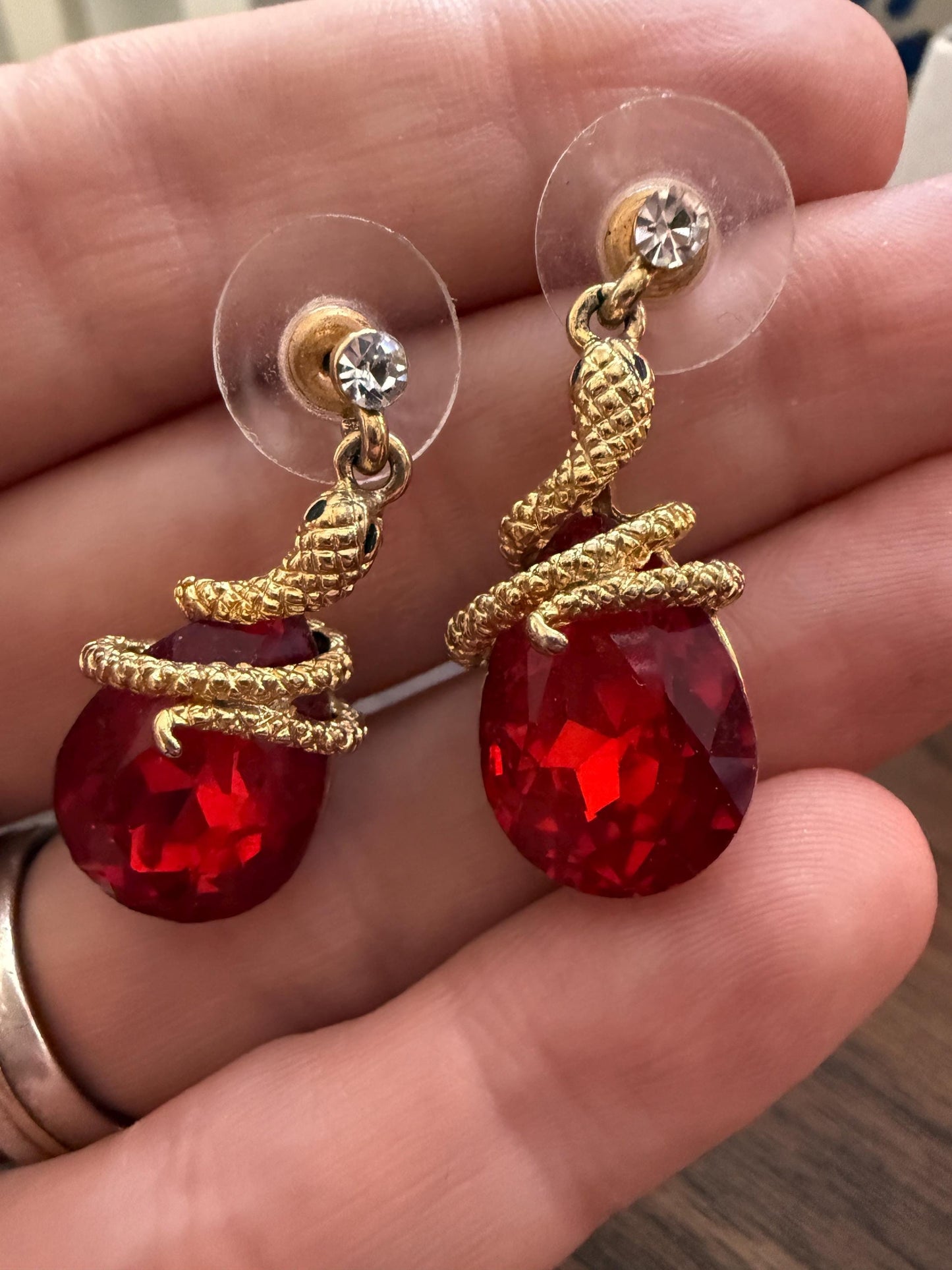 Vintage Red Rhinestone Snake Earrings, Gold Tone Serpent Drop Earrings, Statement Costume Jewellery, Pierced Earrings