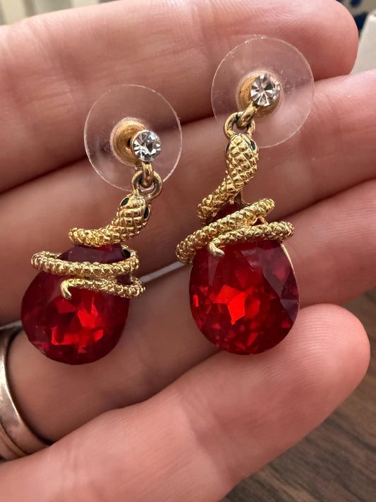 Vintage Red Rhinestone Snake Earrings, Gold Tone Serpent Drop Earrings, Statement Costume Jewellery, Pierced Earrings