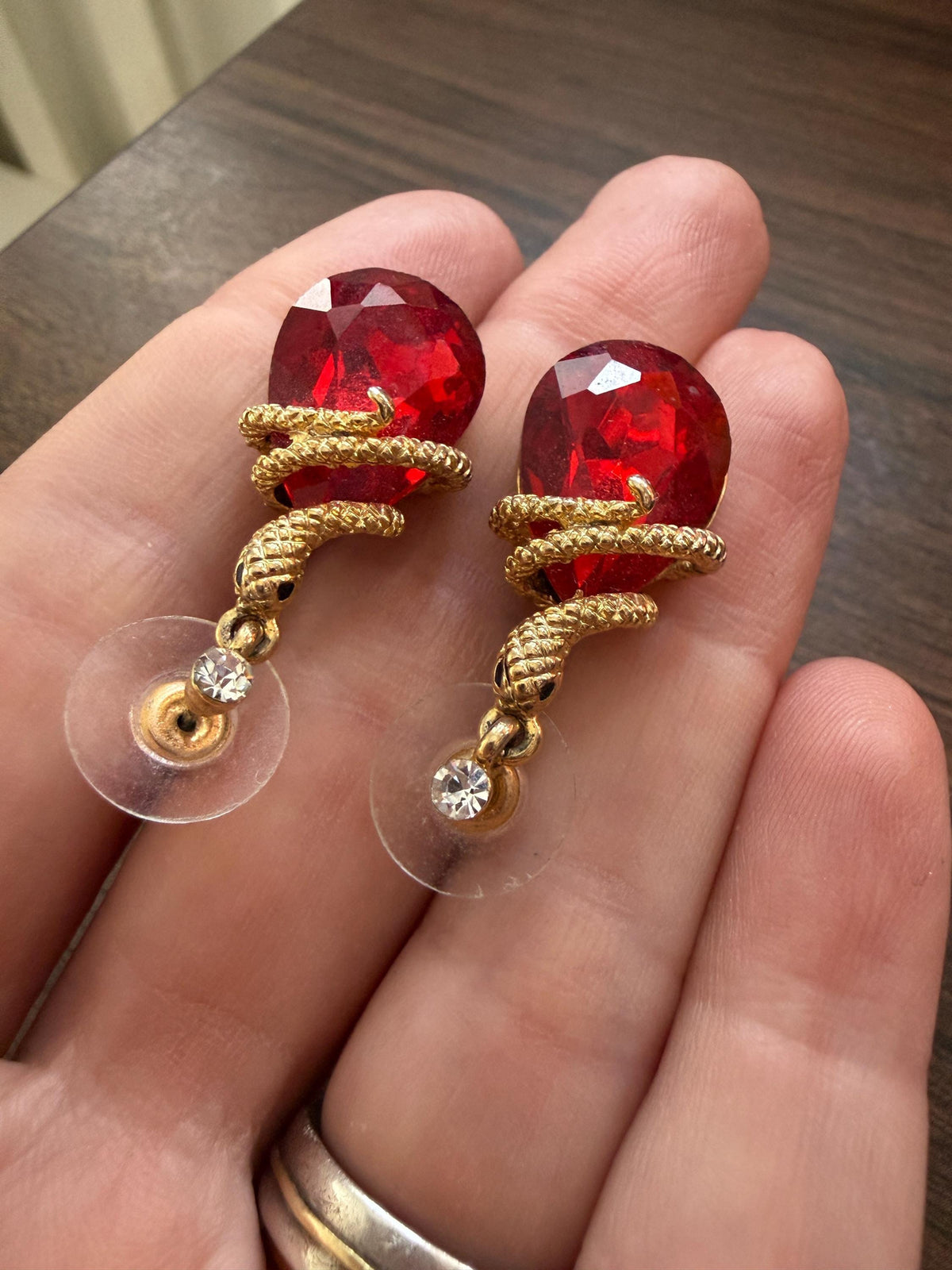 Vintage Red Rhinestone Snake Earrings, Gold Tone Serpent Drop Earrings, Statement Costume Jewellery, Pierced Earrings