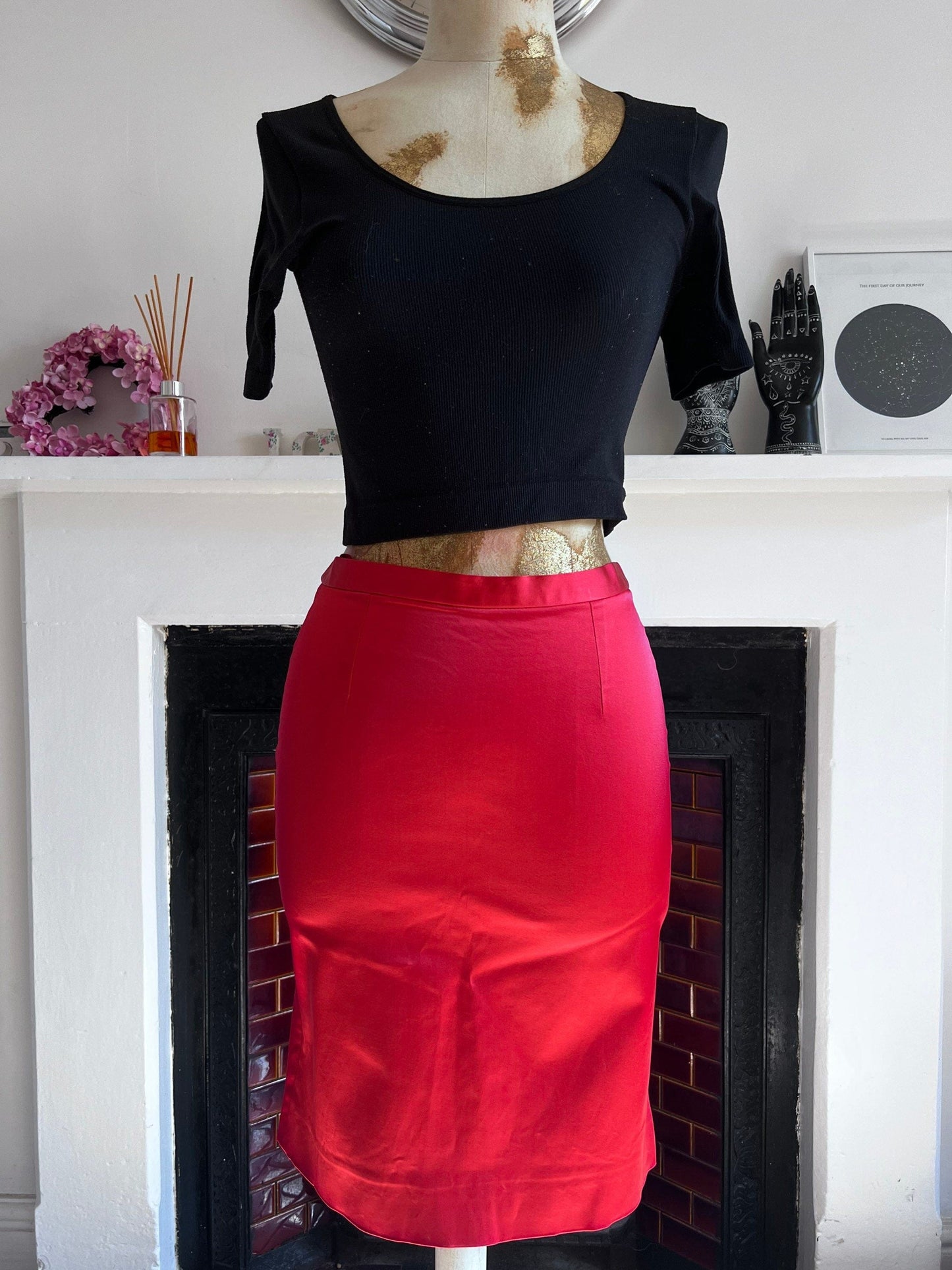 Vintage Red satin Whistles pencil Skirt UK size 8-10 -  scarlet red Stretch Satin Evening Skirt