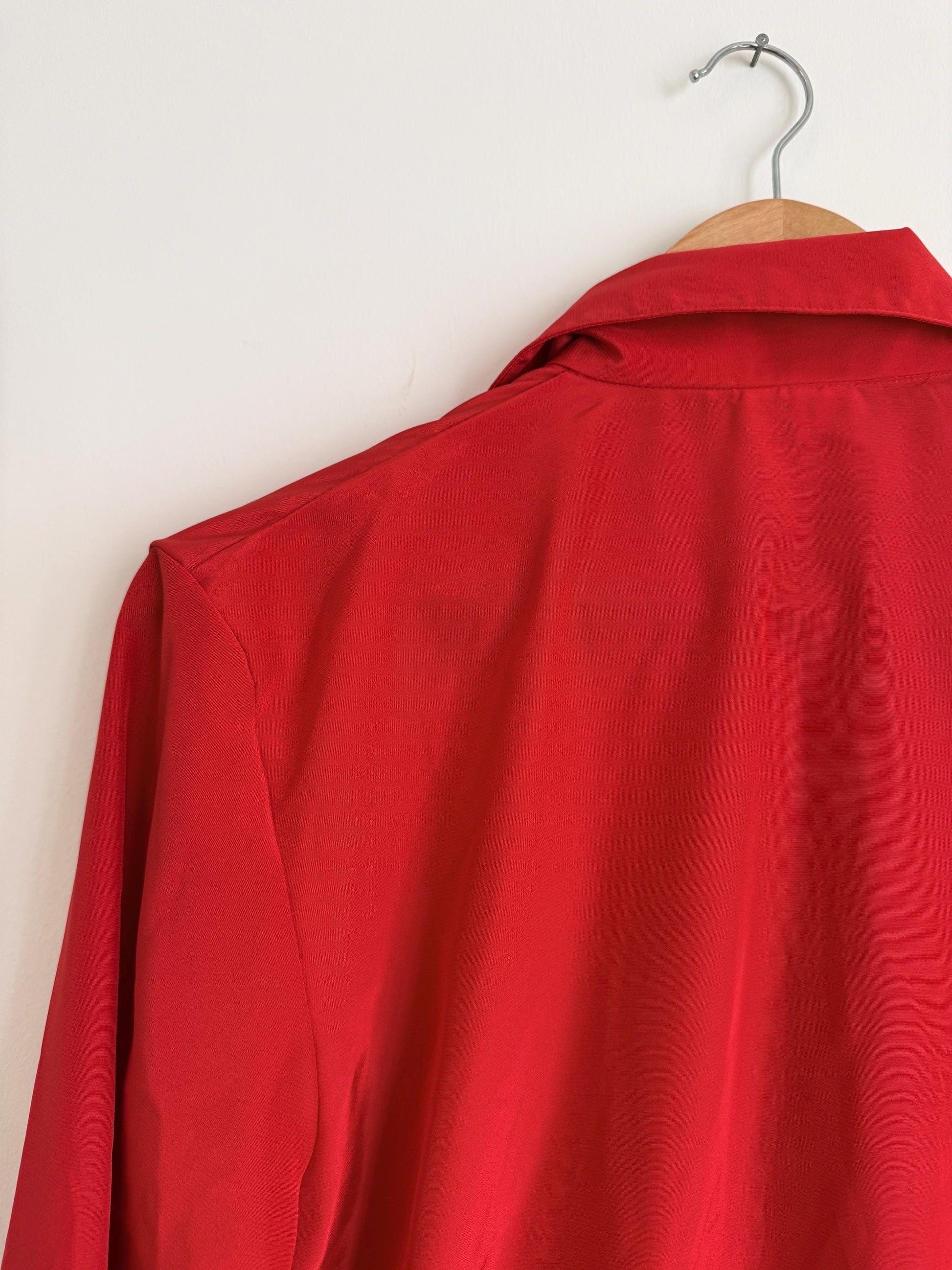 Vintage Red Silk-Look Blouse | 1970s Minimalist Workwear Shirt UK 10