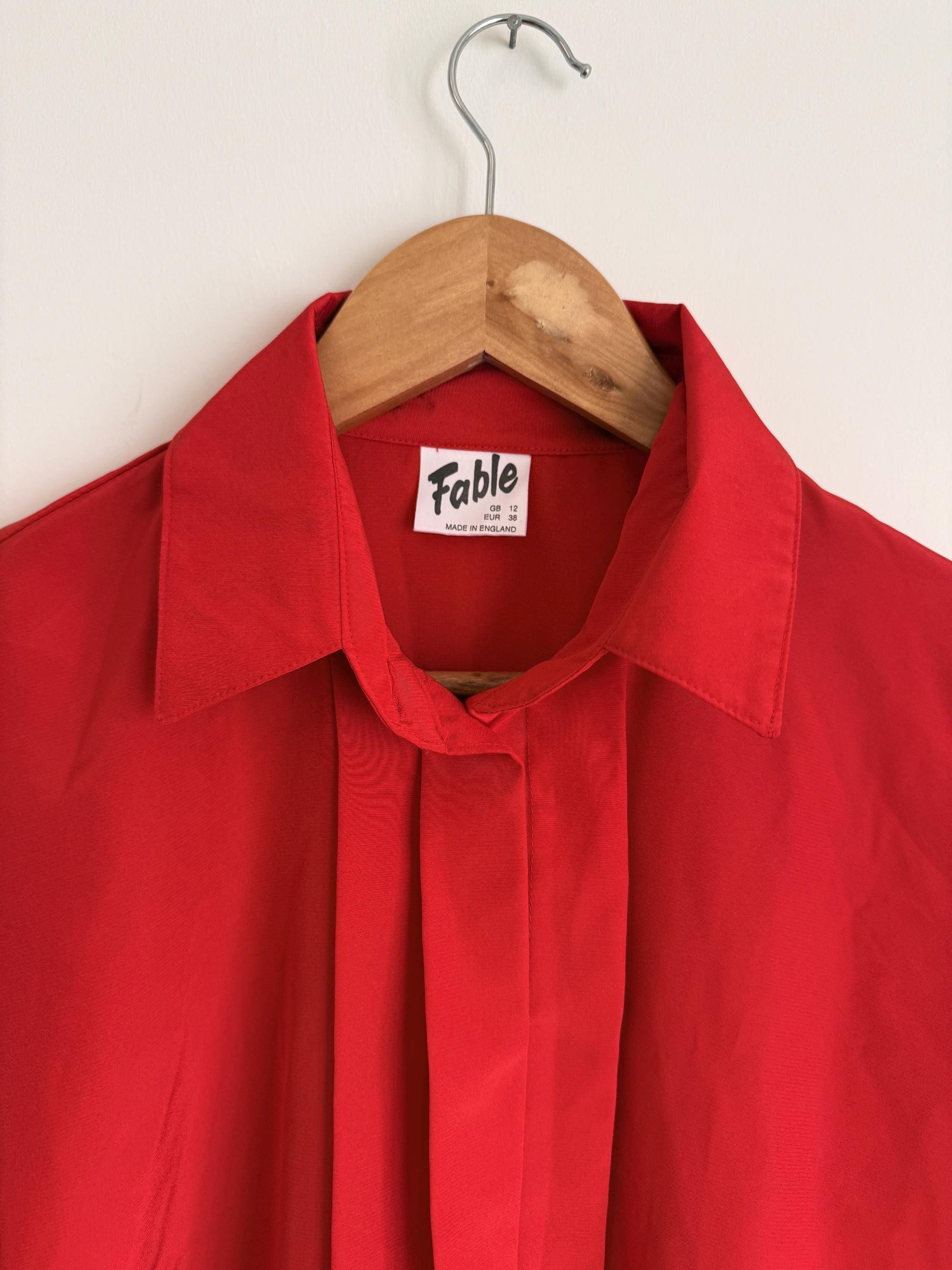 Vintage Red Silk-Look Blouse | 1970s Minimalist Workwear Shirt UK 10