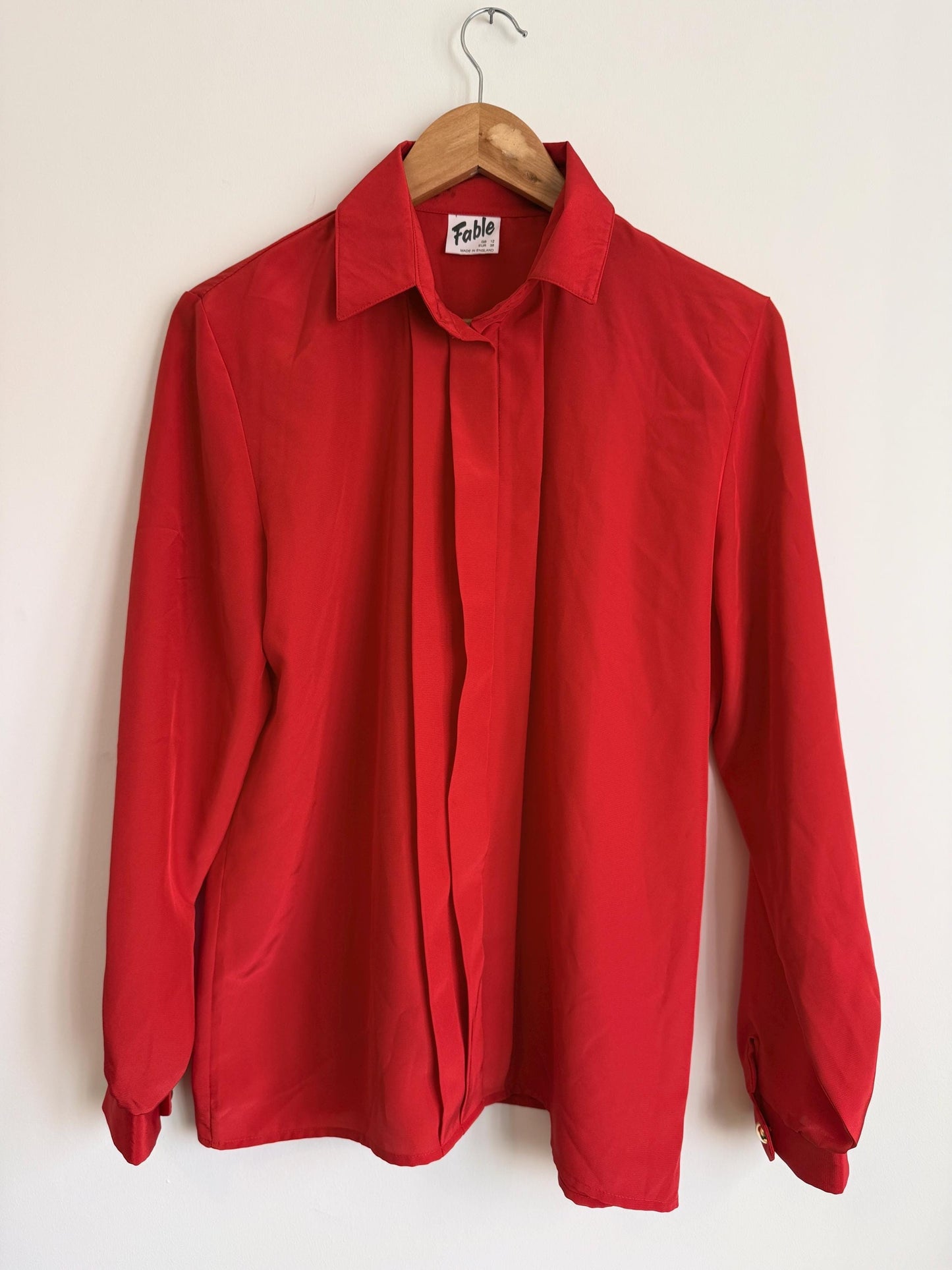 Vintage Red Silk-Look Blouse | 1970s Minimalist Workwear Shirt UK 10