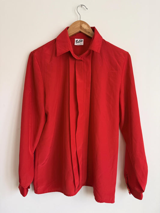 Vintage Red Silk-Look Blouse | 1970s Minimalist Workwear Shirt UK 10