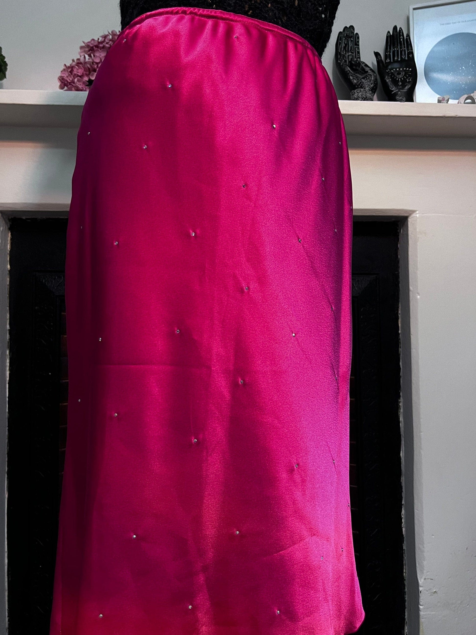 Vintage Red Satin Diamanté Patsy Seddon Knee Length Skirt UK size 12- scarlet red Stretch Satin Evening Skirt with Diamanté