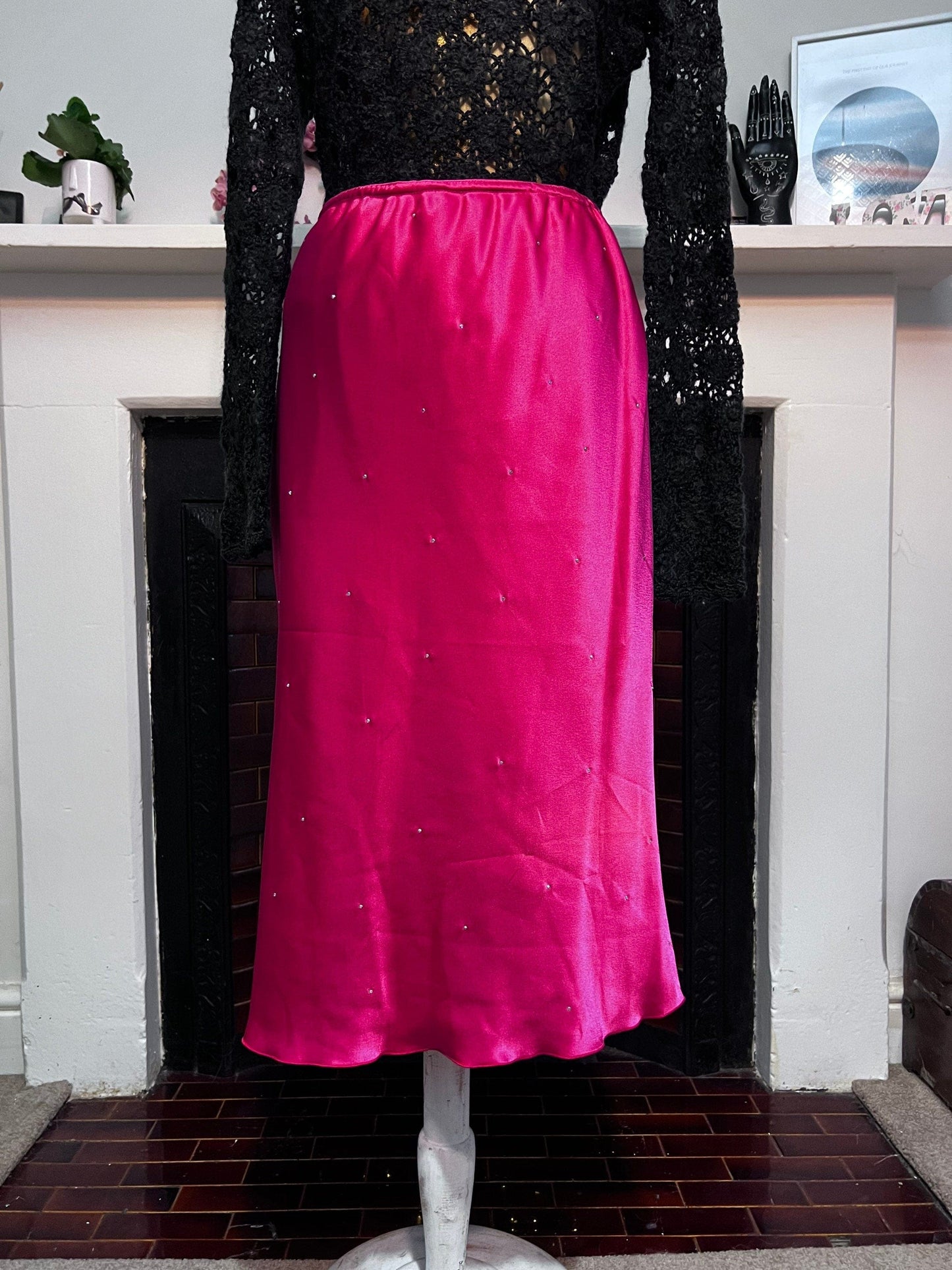 Vintage Red Satin Diamanté Patsy Seddon Knee Length Skirt UK size 12- scarlet red Stretch Satin Evening Skirt with Diamanté