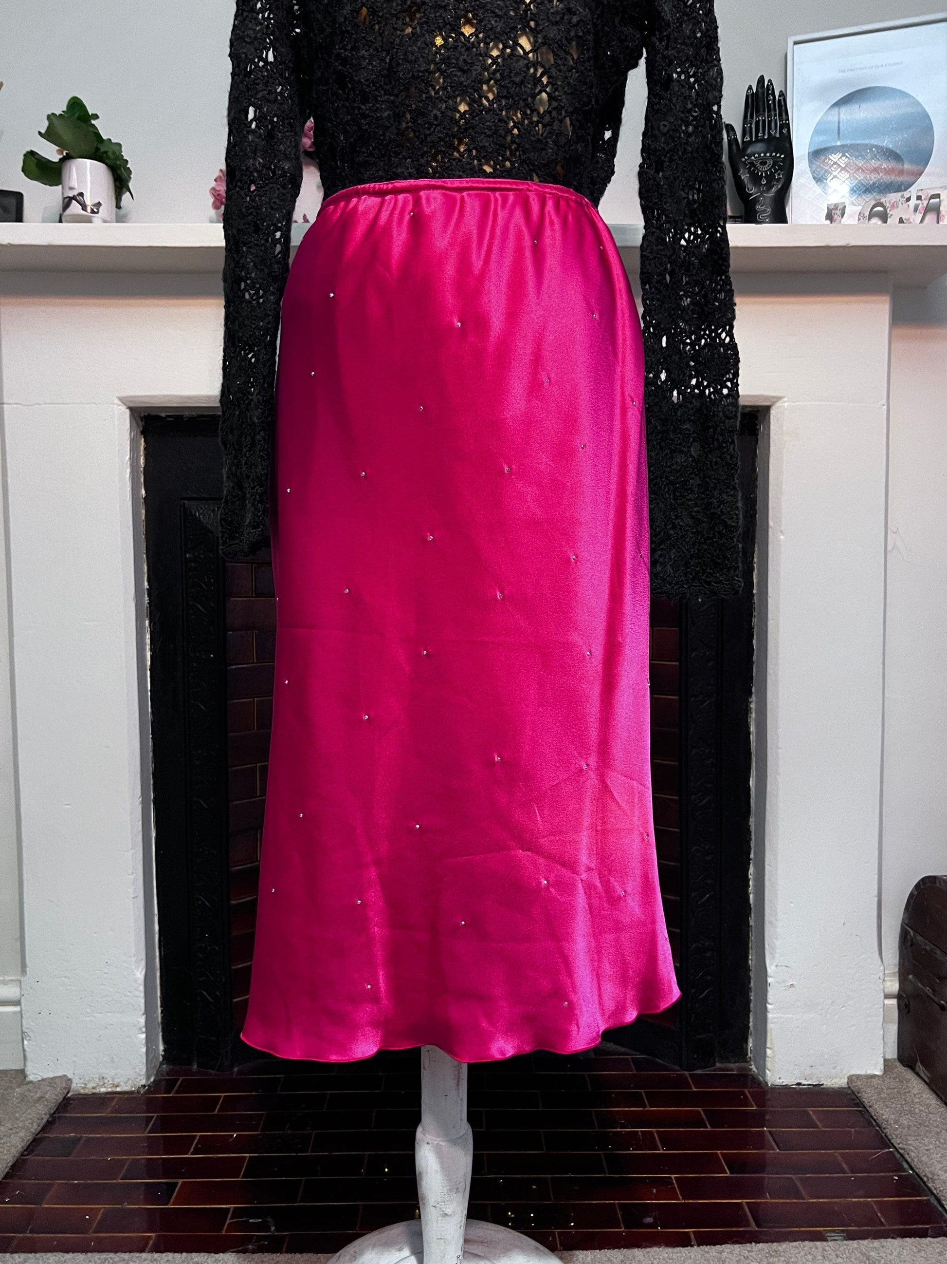 Vintage Red Satin Diamanté Patsy Seddon Knee Length Skirt UK size 12- scarlet red Stretch Satin Evening Skirt with Diamanté