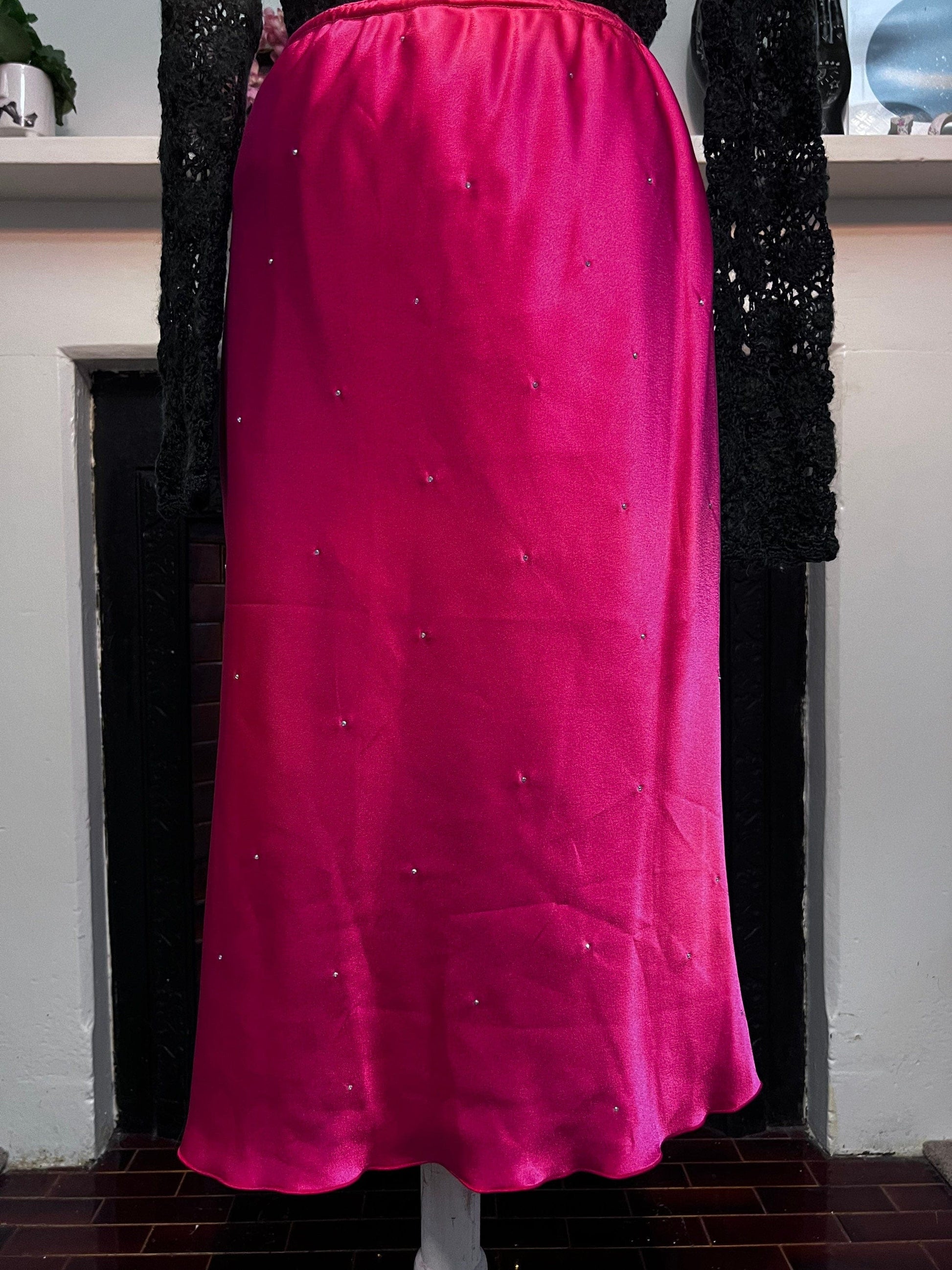 Vintage Red Satin Diamanté Patsy Seddon Knee Length Skirt UK size 12- scarlet red Stretch Satin Evening Skirt with Diamanté