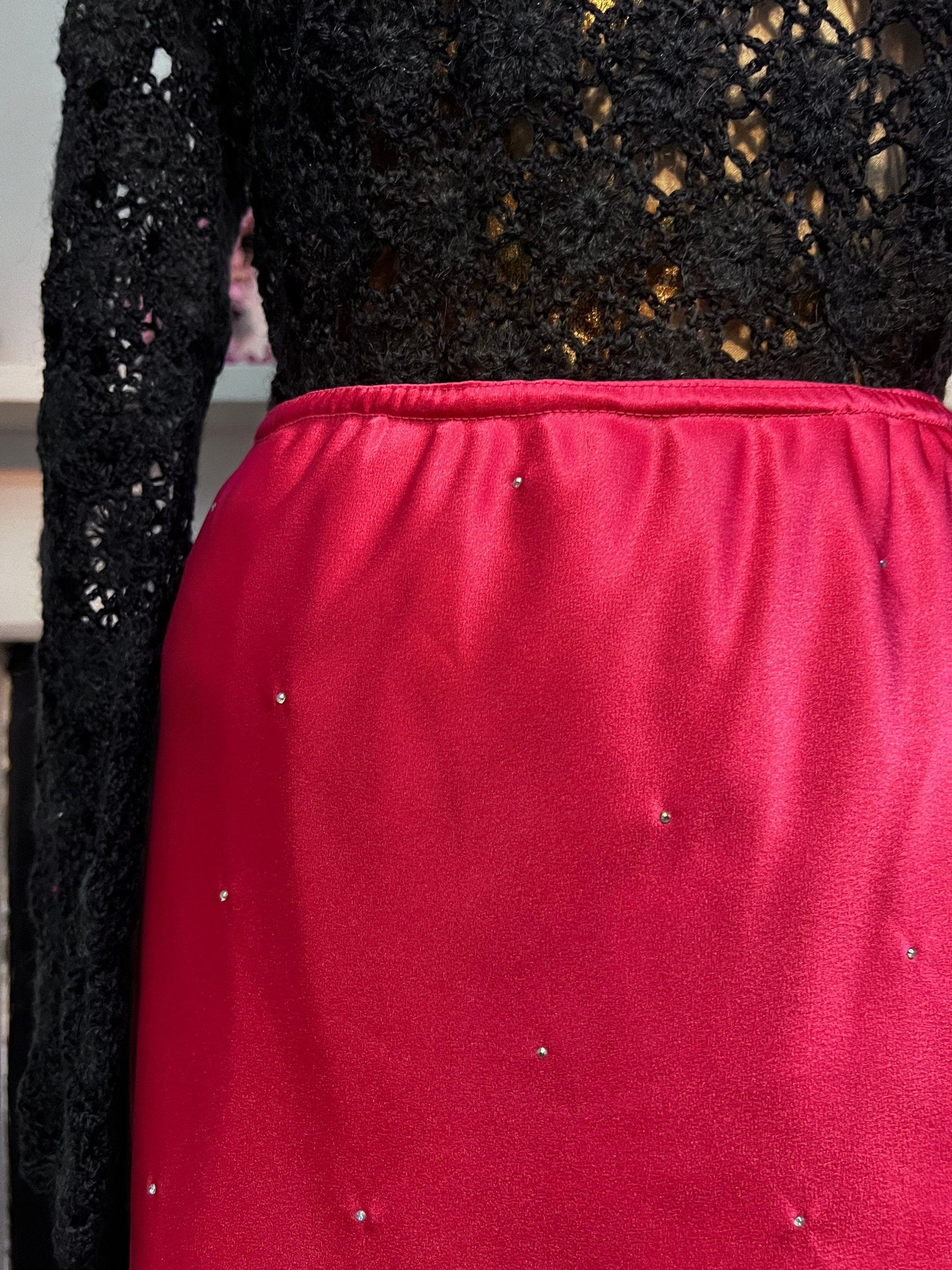 Vintage Red Satin Diamanté Patsy Seddon Knee Length Skirt UK size 12- scarlet red Stretch Satin Evening Skirt with Diamanté