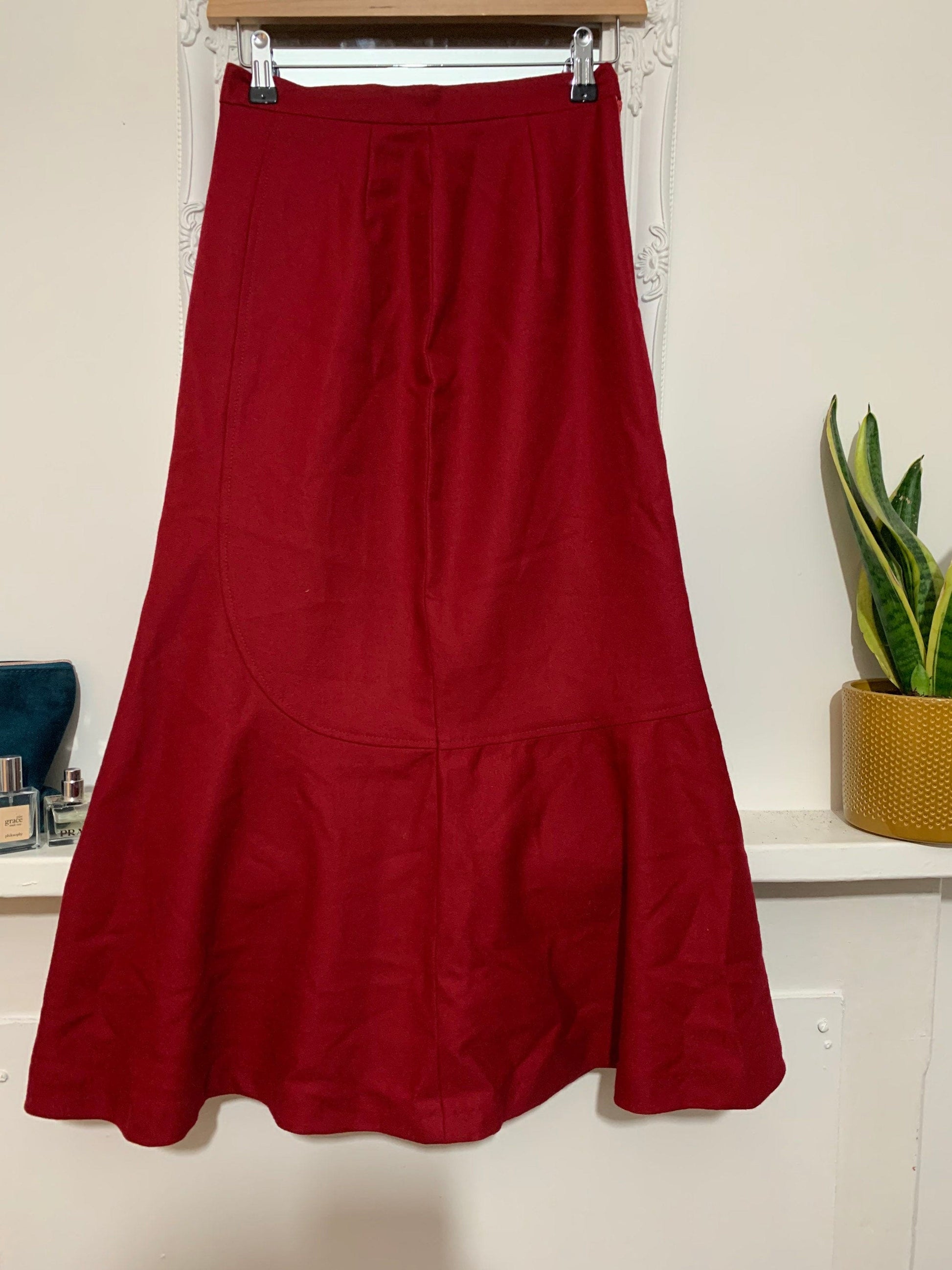 Vintage Red Wool Skirt - A Line with slightly flared hem - UK8 - 1970s