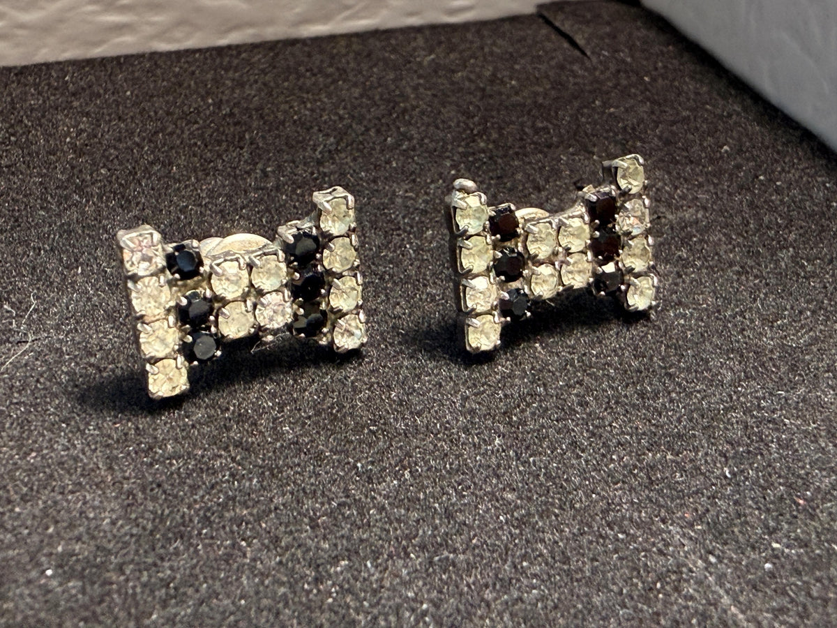 Vintage Rhinestone Bow Earrings Black Clear Crystal Stud Costume Jewellery