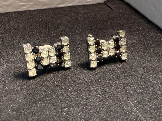 Vintage Rhinestone Bow Earrings Black Clear Crystal Stud Costume Jewellery