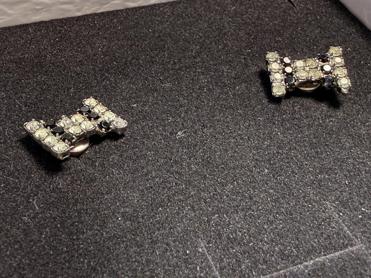 Vintage Rhinestone Bow Earrings Black Clear Crystal Stud Costume Jewellery