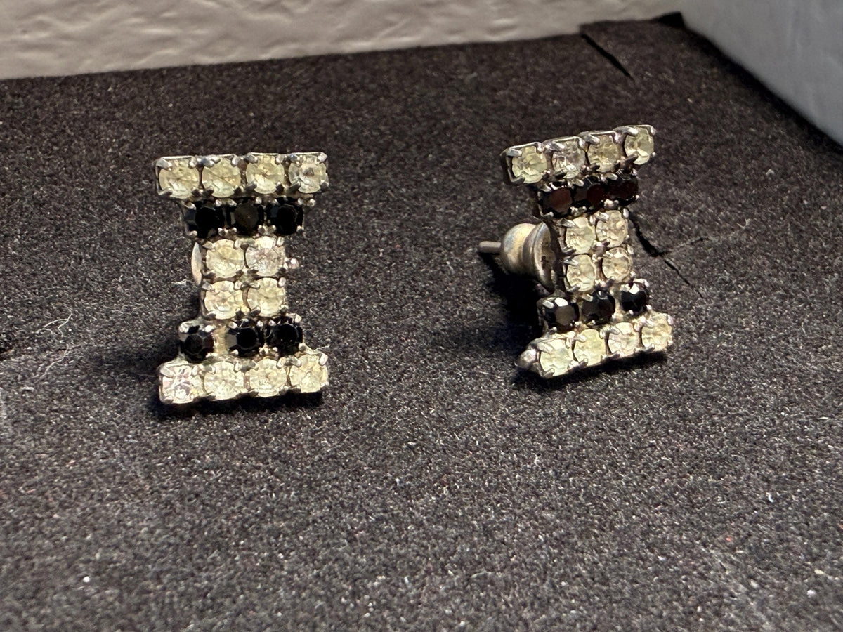 Vintage Rhinestone Bow Earrings Black Clear Crystal Stud Costume Jewellery