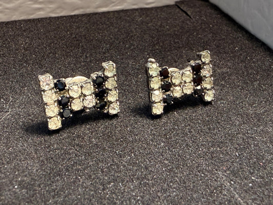 Vintage Rhinestone Bow Earrings Black Clear Crystal Stud Costume Jewellery
