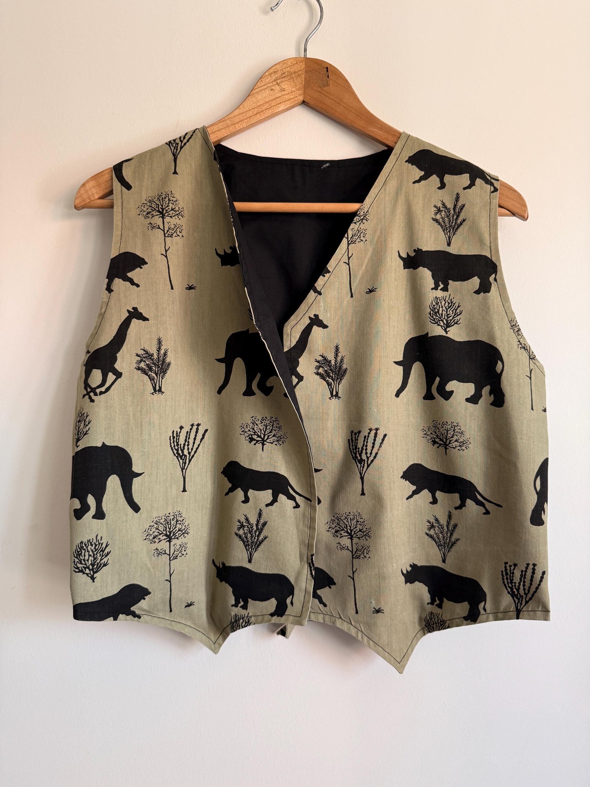 Vintage Safari Animal Print Waistcoat | Elephant Giraffe Rhino Lion Vest | Novelty Vintage Waistcoat | Safari Clothing | UK 12