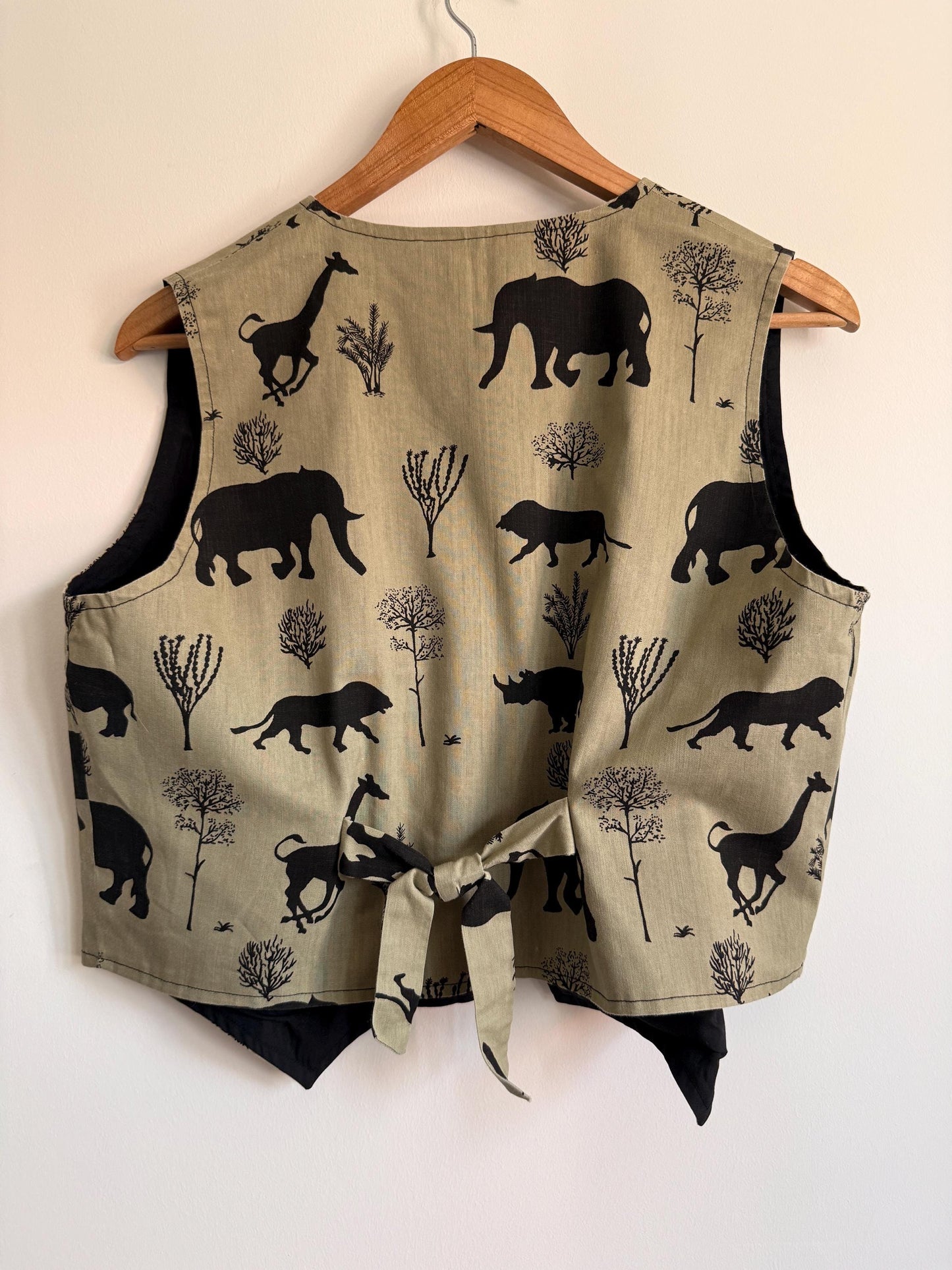 Vintage Safari Animal Print Waistcoat | Elephant Giraffe Rhino Lion Vest | Novelty Vintage Waistcoat | Safari Clothing | UK 12