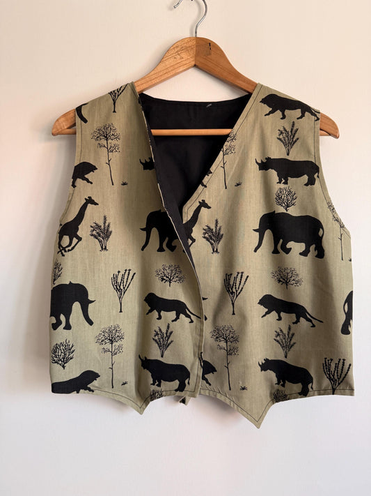 Vintage Safari Animal Print Waistcoat | Elephant Giraffe Rhino Lion Vest | Novelty Vintage Waistcoat | Safari Clothing | UK 12