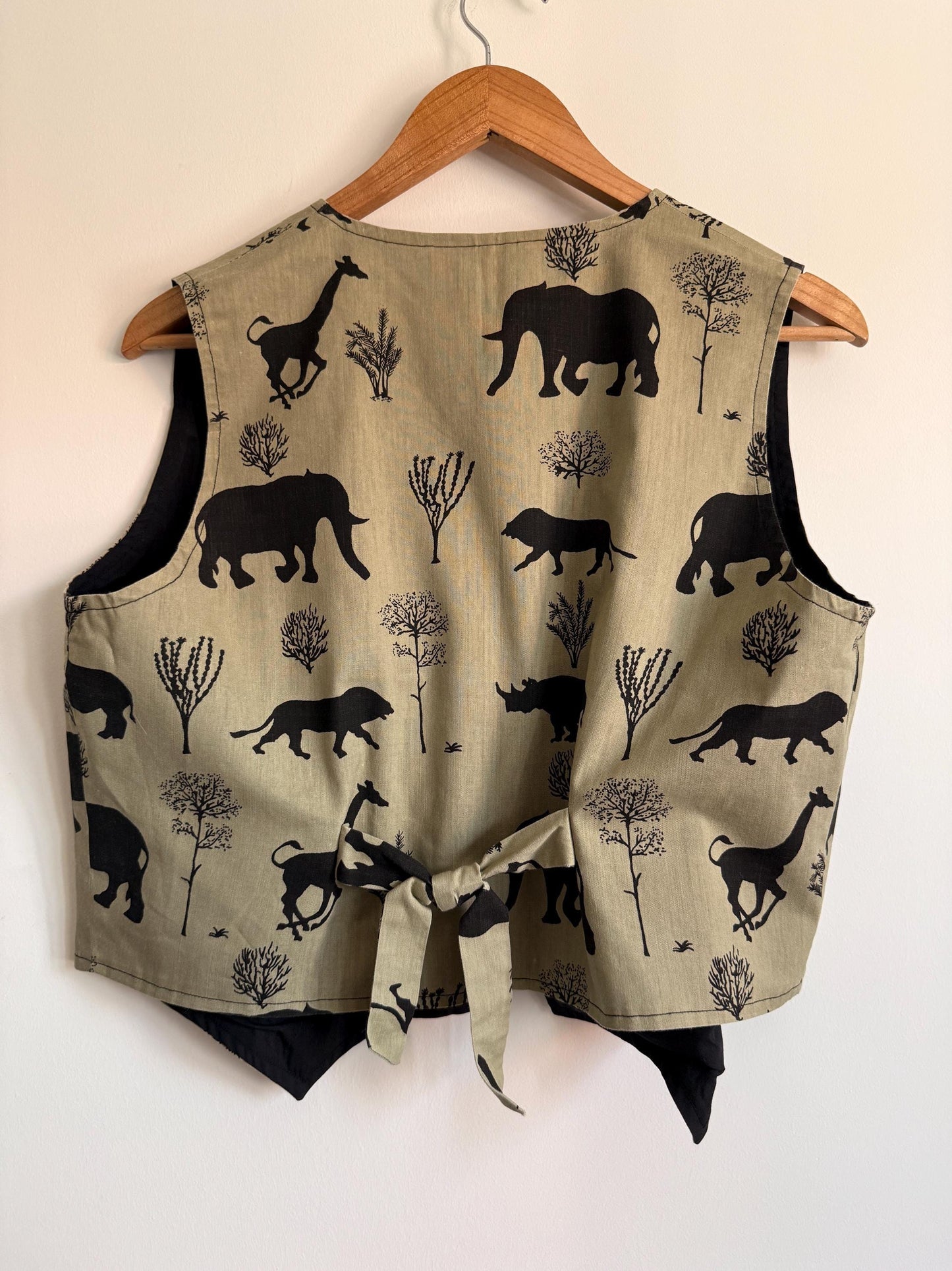 Vintage Safari Animal Print Waistcoat | Elephant Giraffe Rhino Lion Vest | Novelty Vintage Waistcoat | Safari Clothing | UK 12